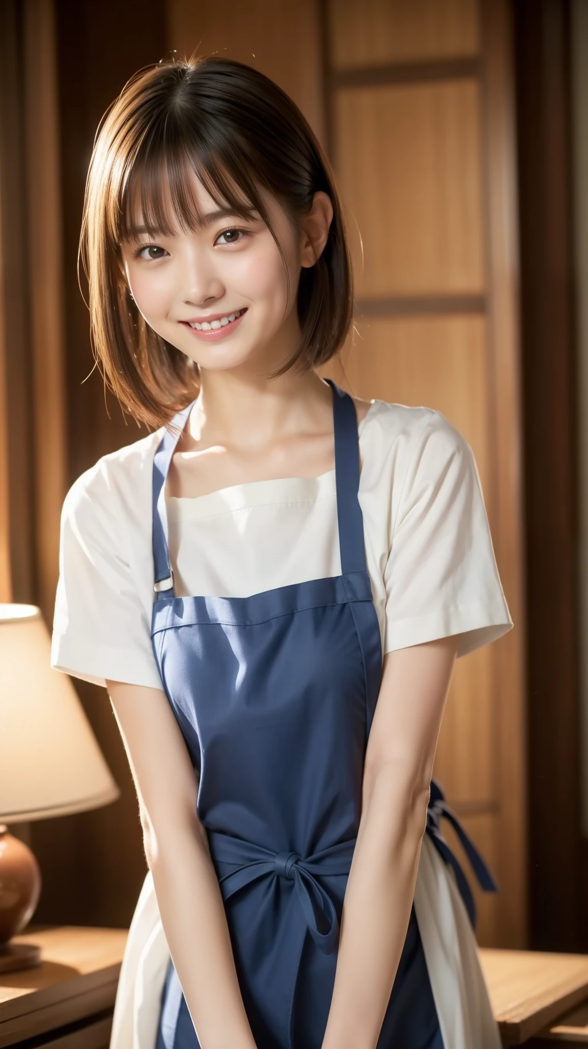 8K,(Raw photo),(Best Quality),( (masutepiece:1.5)),(ultra-detailliert),(超A high resolution,),( (Realistic, photo Realistic:1.5)),(extremely detailed, 8K wallpaper),(extremely detailed beautiful woman in her 30s),(extremely detailed face, extremely),(Take beautiful full body photos),(Detailed eyes, extremely detailed skin),(extremely detailed fingers),(extremely detailed nose),(Girls here are styling their straight hair),(She has a gentle smile),(She is wearing a neat apron over a white T-shirt),(The background is a typical Japanese kitchen)