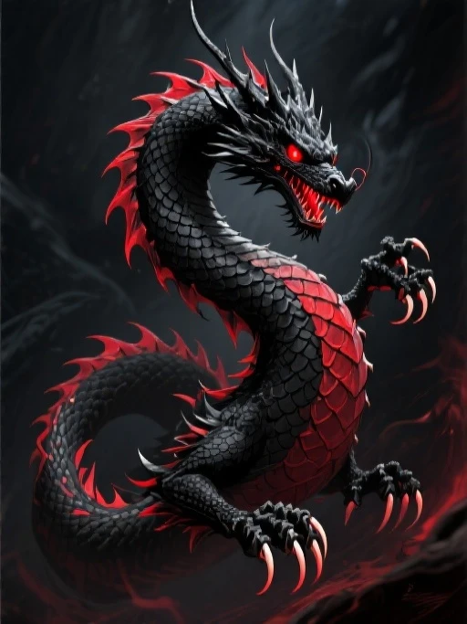 Japanese dragon, full width, beautiful red with black details, black background. A kind dragon, beautiful, clear lines.