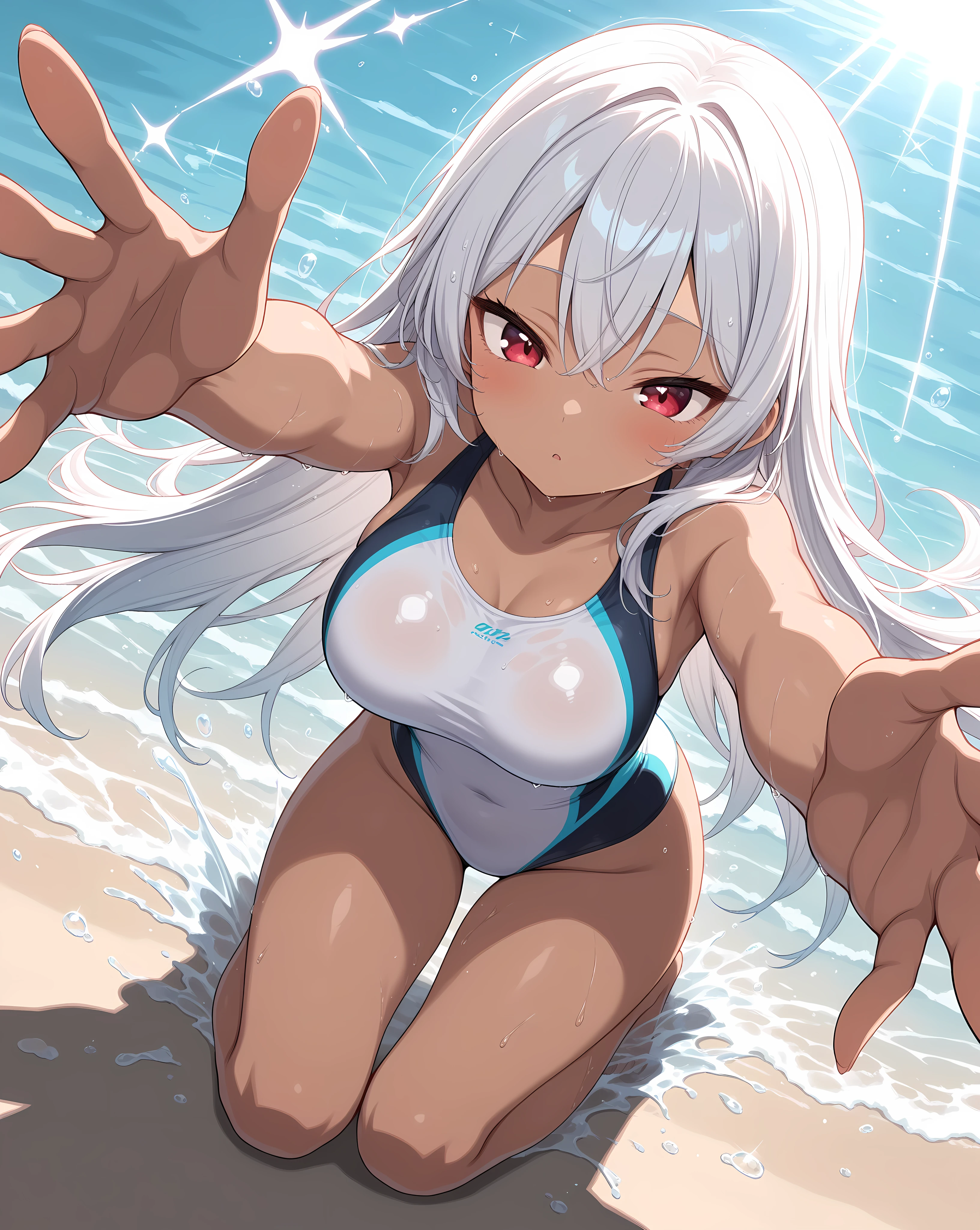 Naked, naked breast, without clothing, Pumped body, white hair, bunny ears, red eyes, angry face, wet skin, taned skin, soft thighs, rough skin , beach, sun, woman, solo, Bottom view