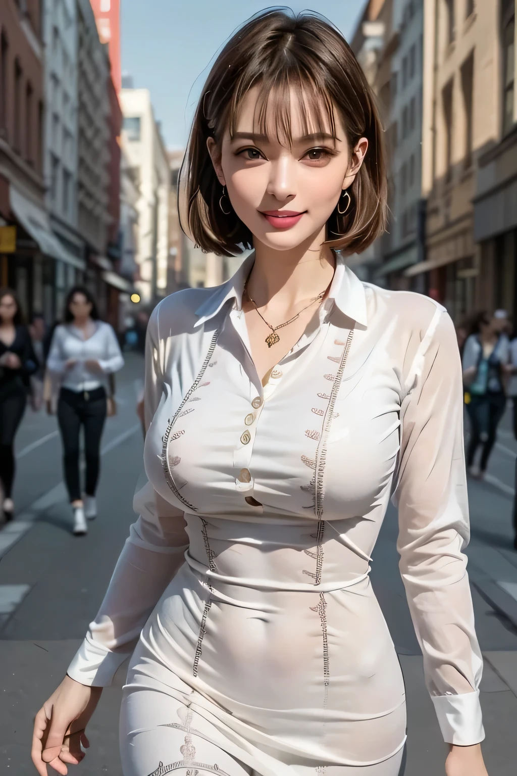 (1. beauty), (Complete anatomy ), ((cowboy shot)), (grin), Golden Ratio, ( top quality:1.4), 32k resolution, (    realistic     :1.5), High resolution UHD, (Masterpiece :1.2)), (Improved quality:1.4), (  Very beautiful face details  ), ( top quality), ((black body dress decorated with detailed patterns :1.37)),    earrings,     necklace, ( big breasted:1.3), (thigh), Accurate Fingers,   very detailed,   beautiful eyes,    double eyelids ,     eyelash    , Shaping your eyebrows, ((   very detailed)),     red cheeks    , Ultra-     realistic     eyes, Perfect Lips,      perfect eyes,    Natural Cosmetics   , [ pink lipstick ], (( Commitment to quality       :1.2)), (    beautiful lips:1.33), (Beautiful Nose:1.2), ( big breasted),       brunette pixie cut, ((walking in the city street :1.1)), ((    realistic   )), ((   sharp concentration )), (     Highest Resolution ), ((    HD)), ((Masterpiece)),     professional cinema lighting  