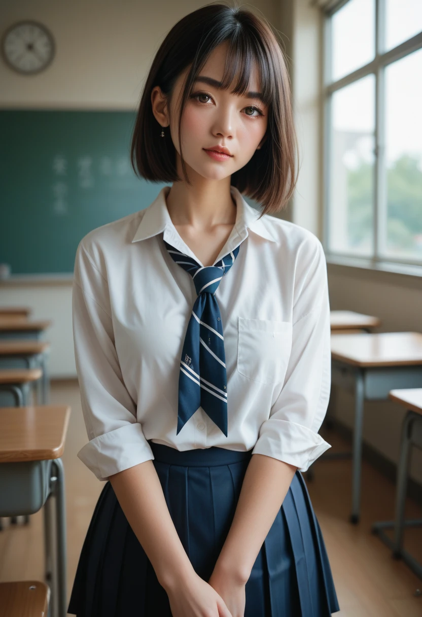 Shooting bob hair, schoolgirl, ((summer school uniform))),(crouched,_Open_Legs),(cowboy_Shot),White pantyhose, side style, White shirt, blue striped tie, Short sleeves, dark blue prill skirt, Classroom, Seductive_Smile, Small head, bangs, urban, Small head, Pale pink lips, Happy, mediating_breats, Small hips, Slender body