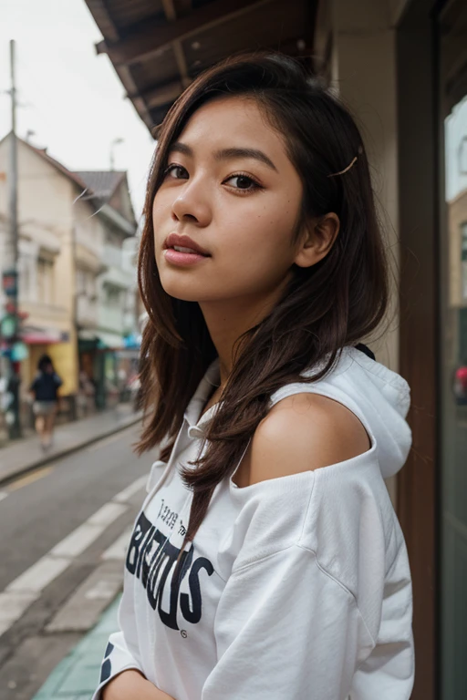 mixed Asian-african beautiful woman stands from the side in a crowded univ hall. she looks forward, arms squeezing chest. She is 20. She got a perfect face, freckles, and beautiful eyes. Curly and Soaked long hair. She is a tank top, deep cleavage. She is thin, her legs are long, and her big chest stretches the fabric. Tomboy vibe. backpack