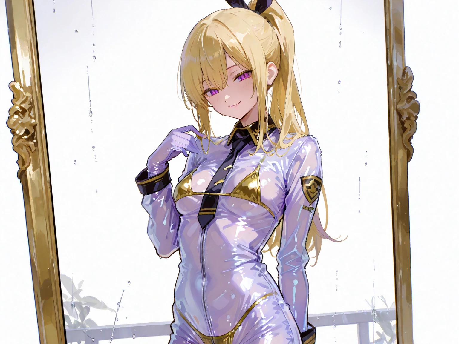 1 girl, kanon kanase, blush, medium breasts, sleeveless,((cowboy_shot, latex apron, latex shirt, latex skirt)), 20-year-old, healthy skin.