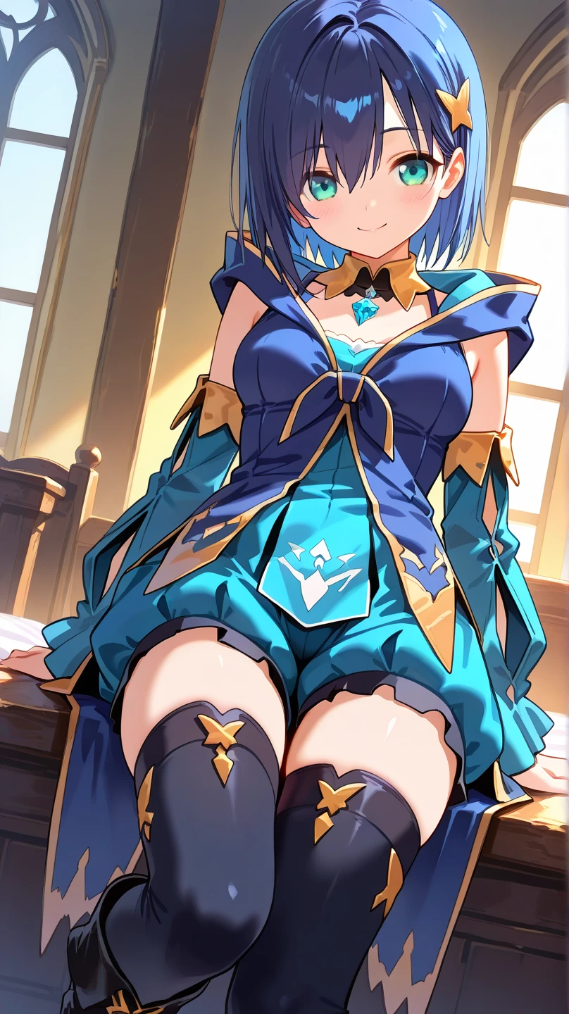 (MASTERPIECE), (Best Quality), (Ultra Detail), Official Art, One Girl, Loli with Gold Hair, Petite Little Girl, Loli, Gold Right Eye, Blue Left Eye, White and Gold See-Through Dress, Sleeveless, Off Shoulder, Small, Very Small Breasts, Small, Cleavage, Thigh Focus, Navel Out, Bare Skin in the Lower Half of the Chest, Card Illustration, Saint, Temple