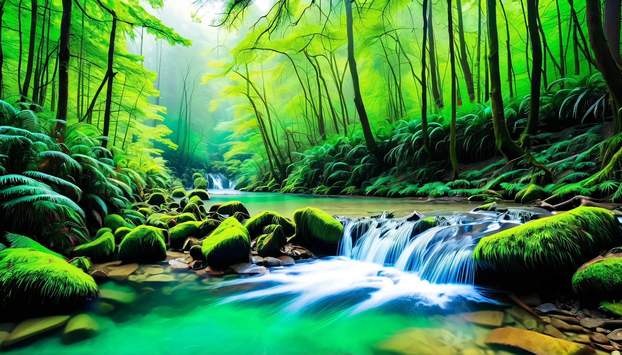 (Clear stream in the forest:1.5),(Multiple beautiful and mysterious waterfalls can be seen in the back:1.5),A beam of light is emitted from the waterfall, Mysterious Forest Lagoon, Magical forest background, Magical Environment , A bit of sunshine, A beautiful and mysterious, Mysterious Atmosphere, Amazing screensaver, Entrance to the spirit world, With a mysterious light, reflectionする光, 川にreflectionする太陽の光, portal to another world ,tyndall phenomenon,reflection, heart shape,(a stream with a large amount of water flows through the primeval forest:1.5),(Fog has a fantastic atmosphere:1.5),(a large amount of splashes can be seen:1.5),(beautiful emerald green river water:1.5),