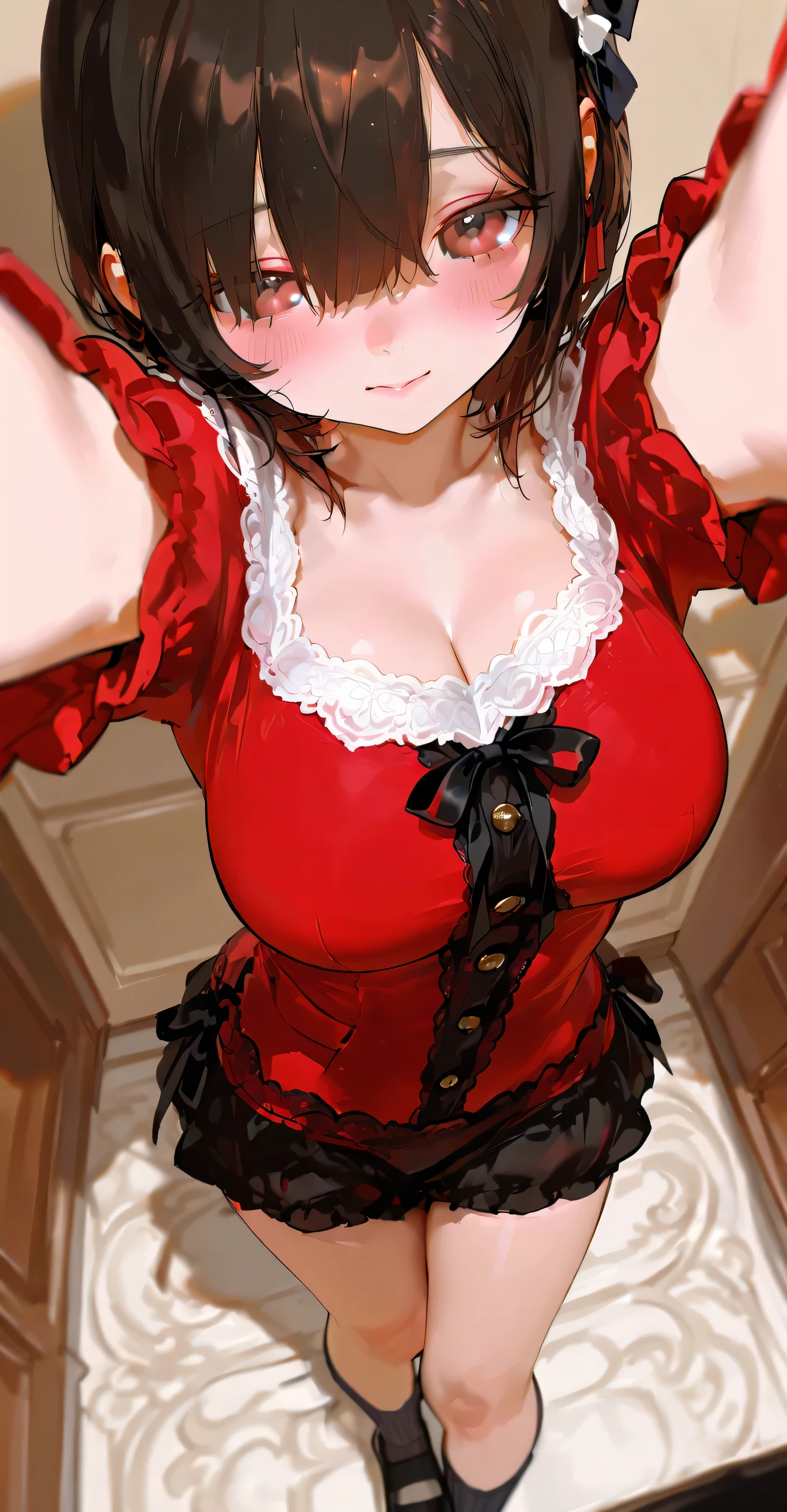 (Highest quality), 16k resolution, Very detail, Adorable girl, huge breasts, String and mesh bras and panties, Precisely drawn background, Natural and realistic light and shadow