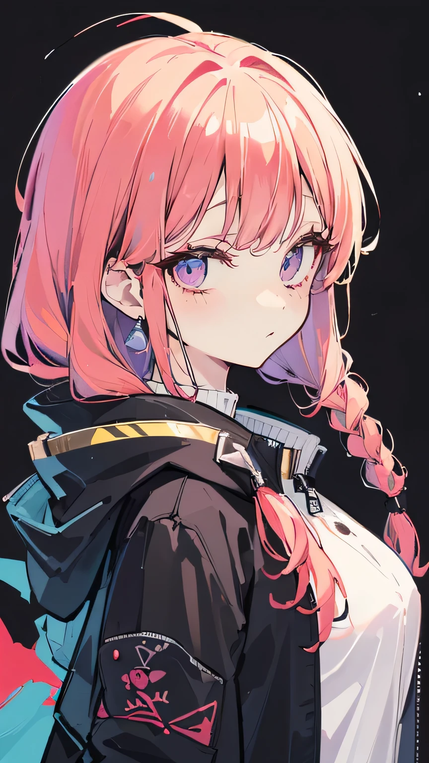 (4k,8k,high resolution、super precise、HD images、Highest Quality、masterpiece、超HD images)、(((solo、female)))、Crimson Hair、medium hair、Purple eyelashes、has poor eyesight、expressionless、slim figure with braided blonde hair(((black oversized outerwear)))、 cyber style costume、fluorescent accent color、simple background、