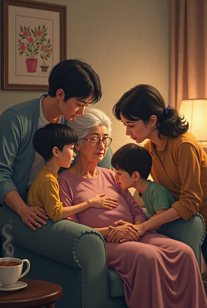 A house with several people, as a grandmother,Mother, child where the couple seems a little disconnected or preoccupied.