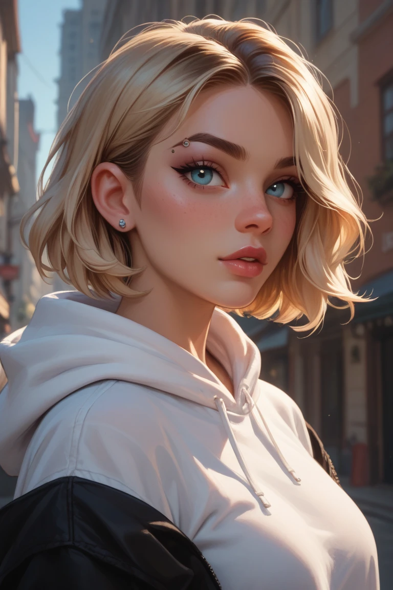 Une photo franche d’un étudiant de 20 ans sûr de lui, montrant sa confiance et son enthousiasme pour son nouveau parcours universitaire. Ses cheveux blonds sont coiffés en chignon en désordre, et elle porte un t-shirt Babes  révélateur qui accentue sa grosse poitrine, associé à des leggings serrés. L&#39;arrière-plan révèle sa chambre universitaire à Luis Arcy, ornée d&#39;affiches et de livres qui reflètent ses intérêts académiques. Elle se tient près d&#39;un lit, rayonnant devant la caméra, prête à embrasser ce nouveau chapitre de sa vie., photo