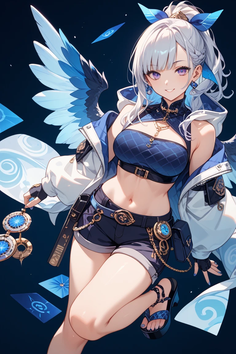 Grown-up girl, short white hair, Heteroromy, blue and purple eyes, cat ears, smirk, tight blue top, Shorts, tattoo, open belly, open breasts, Masterpiece, hiquality, 4k, HD, Good detail