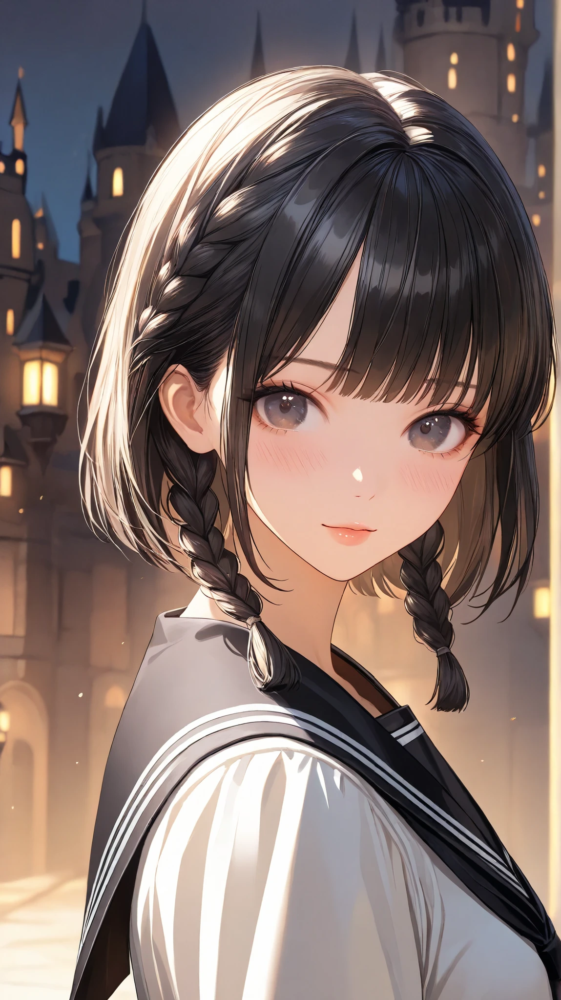 beautiful face close-up、embarrassed expression、 cute girl,、Black Sailor Suit、 dark eyes、The long, slender、beautiful black hair、short bob in a medieval castle、(( Highest Quality )), ((masterpiece)), (((software))),(( Highest Quality )), ((masterpiece)), ( details),(do not'Looking at the photographer)、 Night Lighting、 functional、 Great style 、beautiful girl , Realistic beautiful girl , (masterpiece), ( Best Details),( Highest Quality ),good-looking、 I feel fat、Short braids