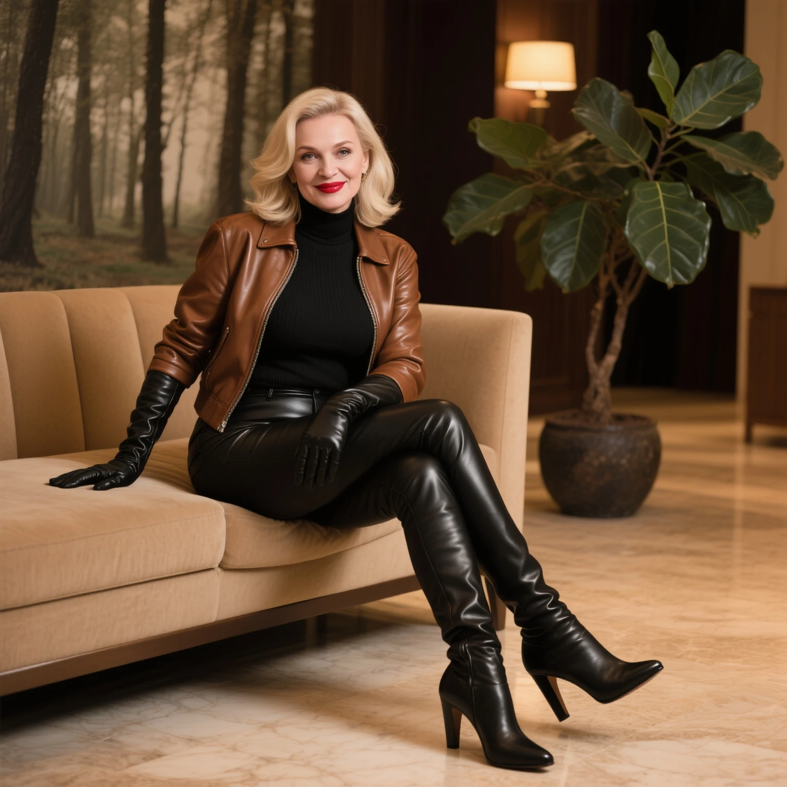 pretty blond girls, big smiles, 40 years old with short hair,tall, thin (only wearing black leather clothes) in a store wearing a full length tight leather shirt and tight long leather flared pants and leather jacket with high heel platform boots.