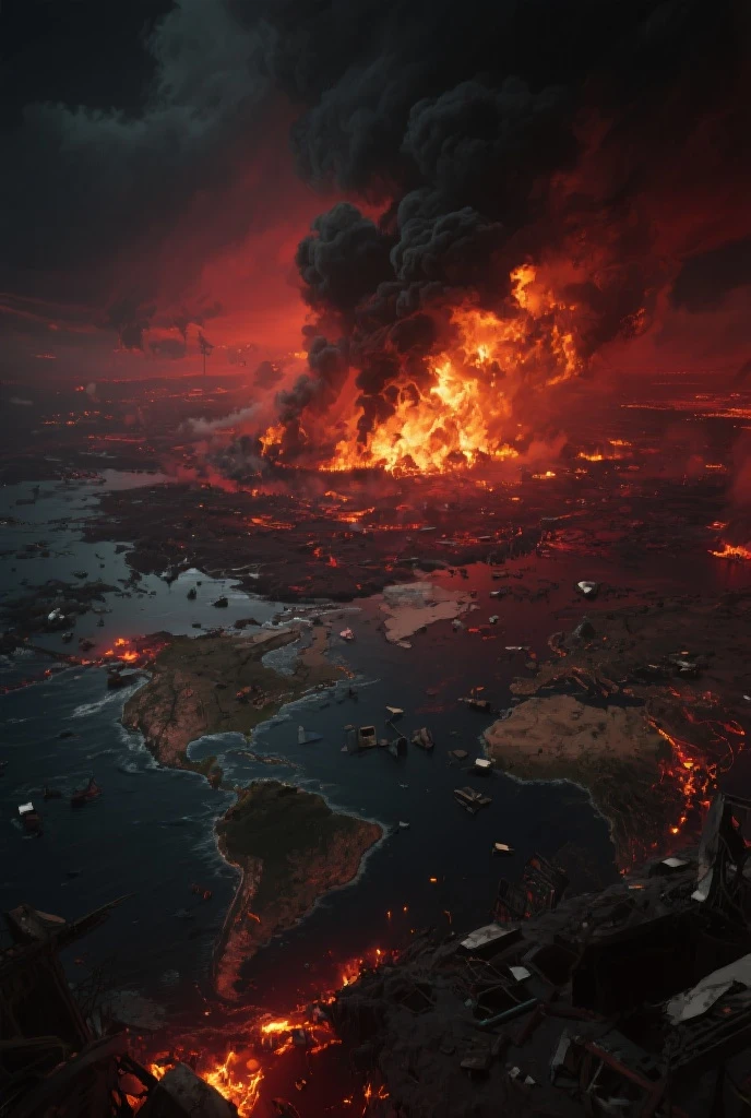 Create an image in a dark, gothic art style depicting a fallen, Malevolent angelic goddess with magnificent wings, lying defeated on the ground in the middle of an apocalyptic city consumed by flames and ruins. The composition should focus on the goddess in the foreground, emphasizing his facial expression and wings, while incorporating a panoramic view that shows the devastated landscape of the city and a stormy sky with distant rays. Melhore a imagem com contrastes que destacam a natureza dual da deusa, and experiment with lighting effects to create a mysterious aura around you. Integrate subtle details of ruined buildings, reflexos de chamas em seus olhos e asas, Swirling smoke, and distant silhouettes of mythical creatures on the horizon. The resolution should be 3000x2000 pixels with a dark color palette, tons dessaturados com detalhes em vermelho e laranja intensos. Use a mix of textured and soft brushes for intricate detail and atmospheric effects. Opt for a slightly low camera angle to emphasize the greatness of the fallen goddess, e empregar soft, diffuse lighting from the side to create shadows and highlights. Simulate a wide-angle lens for a panoramic effect, and consider applying a light grain filter to improve the sandy atmosphere. Avoid portraying any scene of hope, renewal, or heavenly intervention. Exclude any elements that imply restoration or assistance to the fallen goddess.