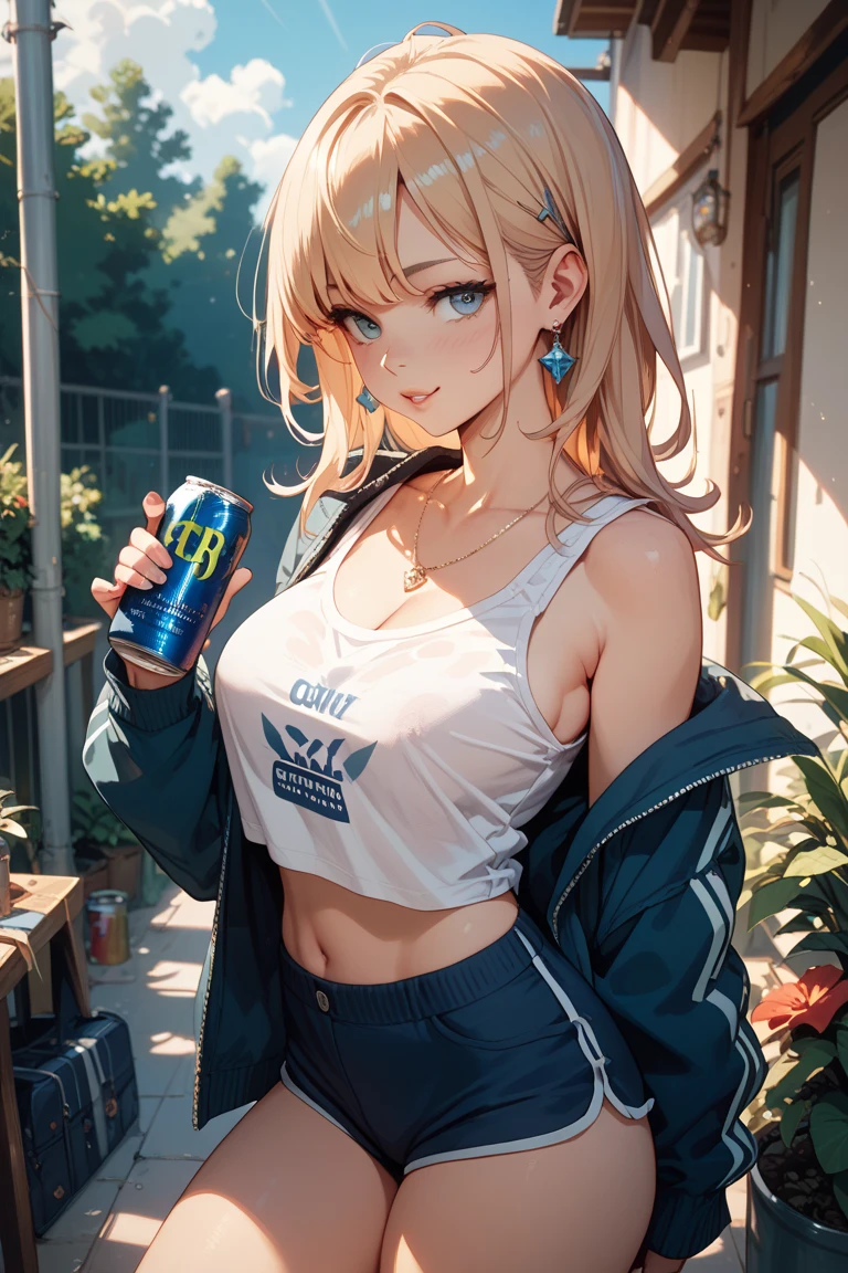 最high quality、best image quality、masterpiece、teenage girl((18-year-old、 By becoming、vest bust、medium bust,wide open breast tea、black eye, blonde hair、Habitual hair、long hair、thin,highest valley、blue shorts、Holding a plastic bottle、smug face、heart tattoo、black aloha shirt、squat、open your legs、sweating)),high quality、beautiful art、background((Hawaii、Waikiki、Palm tree))debris flies、Depth of written boundary、movie、visual art、perfect art、8K,genuine