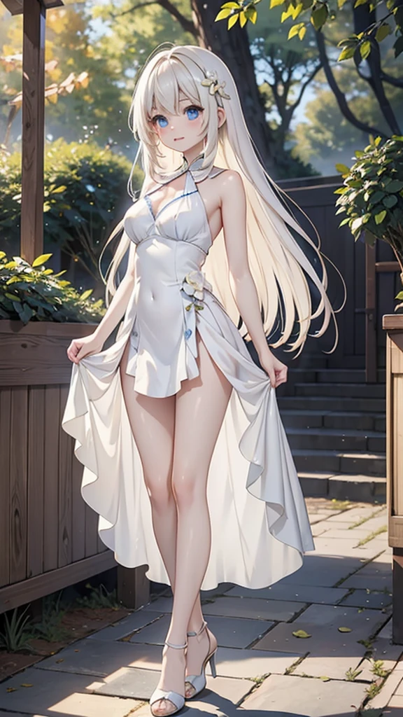 Women with ,golden curly hair,Blue eyes,white fox ears,,white translucent long dress with thin straps,missionary poses