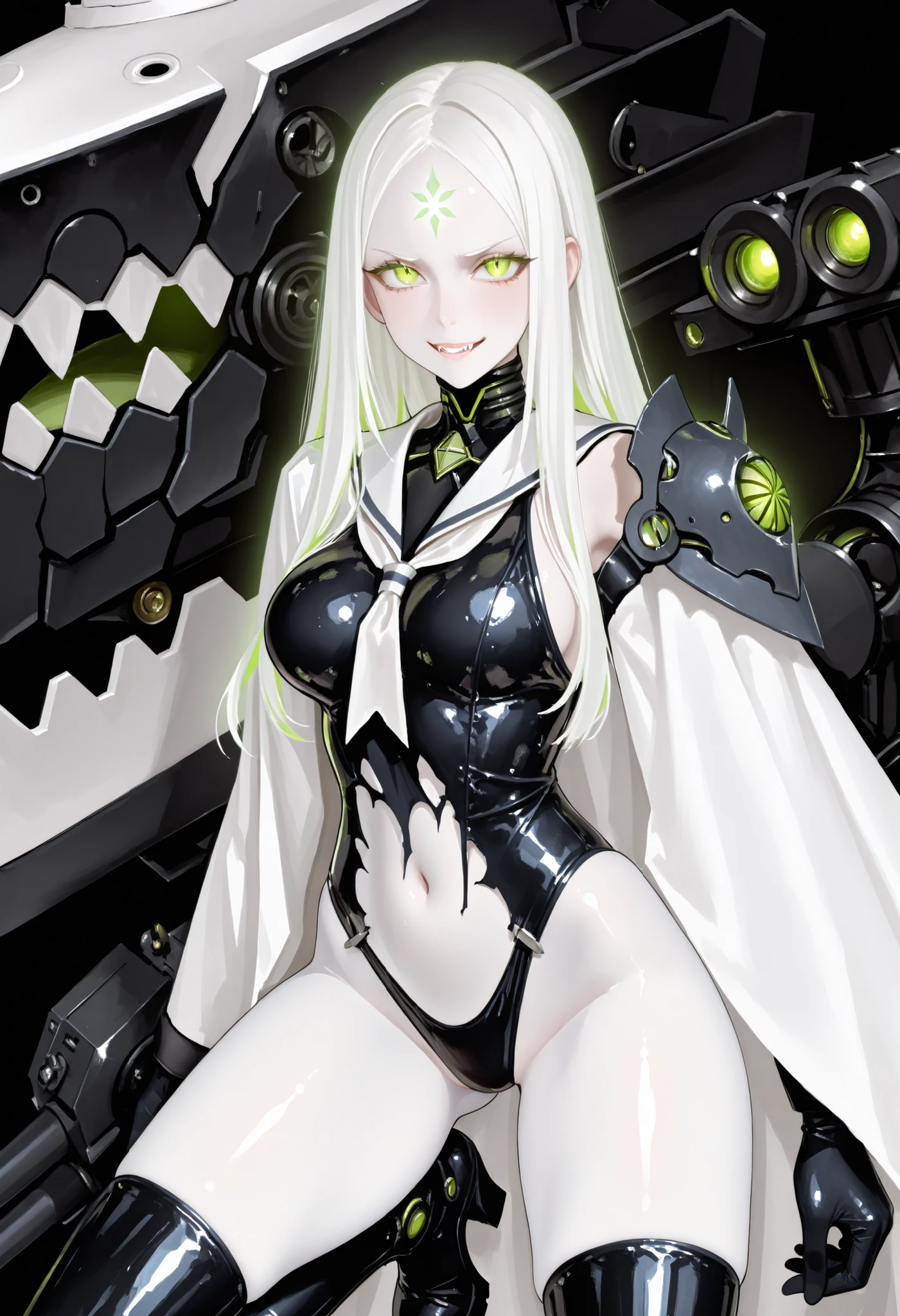 Girl in a white sailor uniform. White hair. Bangs parted to the left and right. Show forehead. Long hair. Glowing green eyes. Fearless smile. White skin. Thong swimsuit. Asymmetric shoulder armor. Oversized latex boots. Torn costume. White cloak. Equipped with a small battleship. Mechanical monster fangs. Cannon turret.