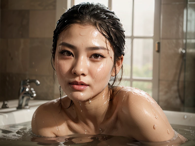 table top, highest quality, figure, Super detailed, finely, High resolution, 8k wallpaper, Perfect dynamic composition, a young asian idols woman, detailed and beautiful eyes, Natural lip color, small breasts, shortcut、 (Wearing a pilot suits)、clear white skin、super realistic photos、beautiful face、 (wet by water on body)、bathroom、See-through、on the bath up、Angle from above、((Close your eyes:1.4))、((chubby sex:1.3))