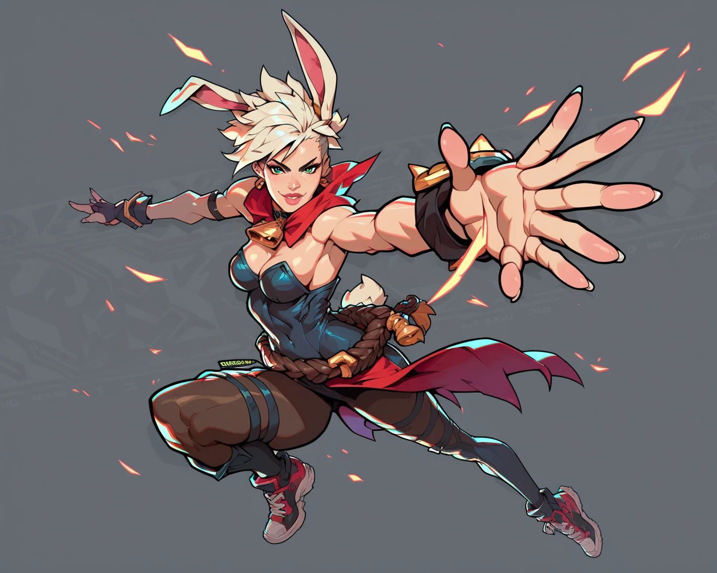 (masterpiece, best quality, 4k, detailed, intricate, realistic),IncrsPunchMeme,incoming punch,simple background,grin,1girl,mirkodef, dark skin, muscular, highleg leotard, turtleneck, sleeveless,white gloves,red eyes,bunny ears, <lora:mha_mirko:0.8> <lora:PepePunchMemeV2:0.9>