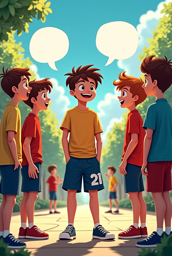 illustration, 8 year old boy talking, wear sports clothes, 4 children of the same age listen to him in surprise