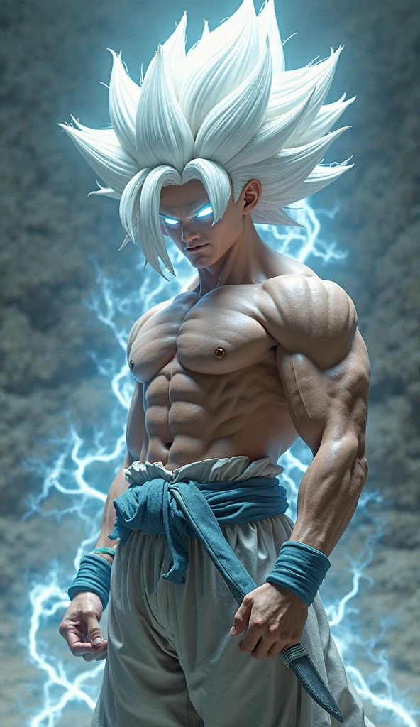 Goku, Super Saiyan, surrounded by lightning, delicate hair, arm portrayal, white and blue hair all over, delicate shoes, eye portrayal, delicate hair, clay texture, stepping on the earth, black and white background, natural lighting, best quality, hyper detail, 3D art, c4d, OC renderer, 3d rendering, 8k