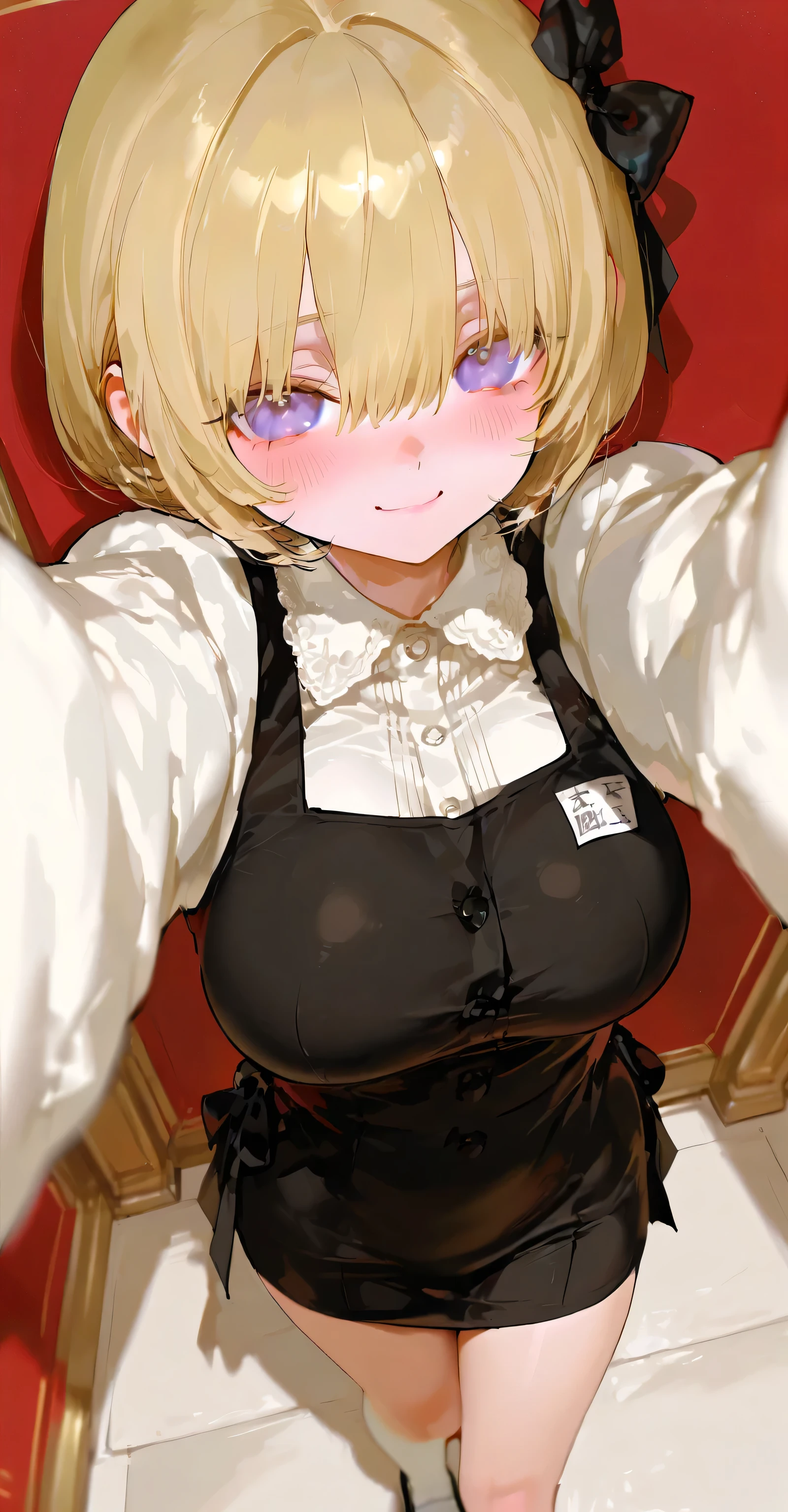 ((highest quality)), ((masterpiece)), (become familiar with), perfect face,blonde,short hair,grated bangs,eyes without highlights,Desaturated dark green eyes,Drooping eyes,grinning,look down,black choker,tall,big breasts,Rubbing your chest with selfie,off shoulder knit,black panties,black pumps,slender,19 years old,Show the whole body,Reflection to the toes,Bedroom,
