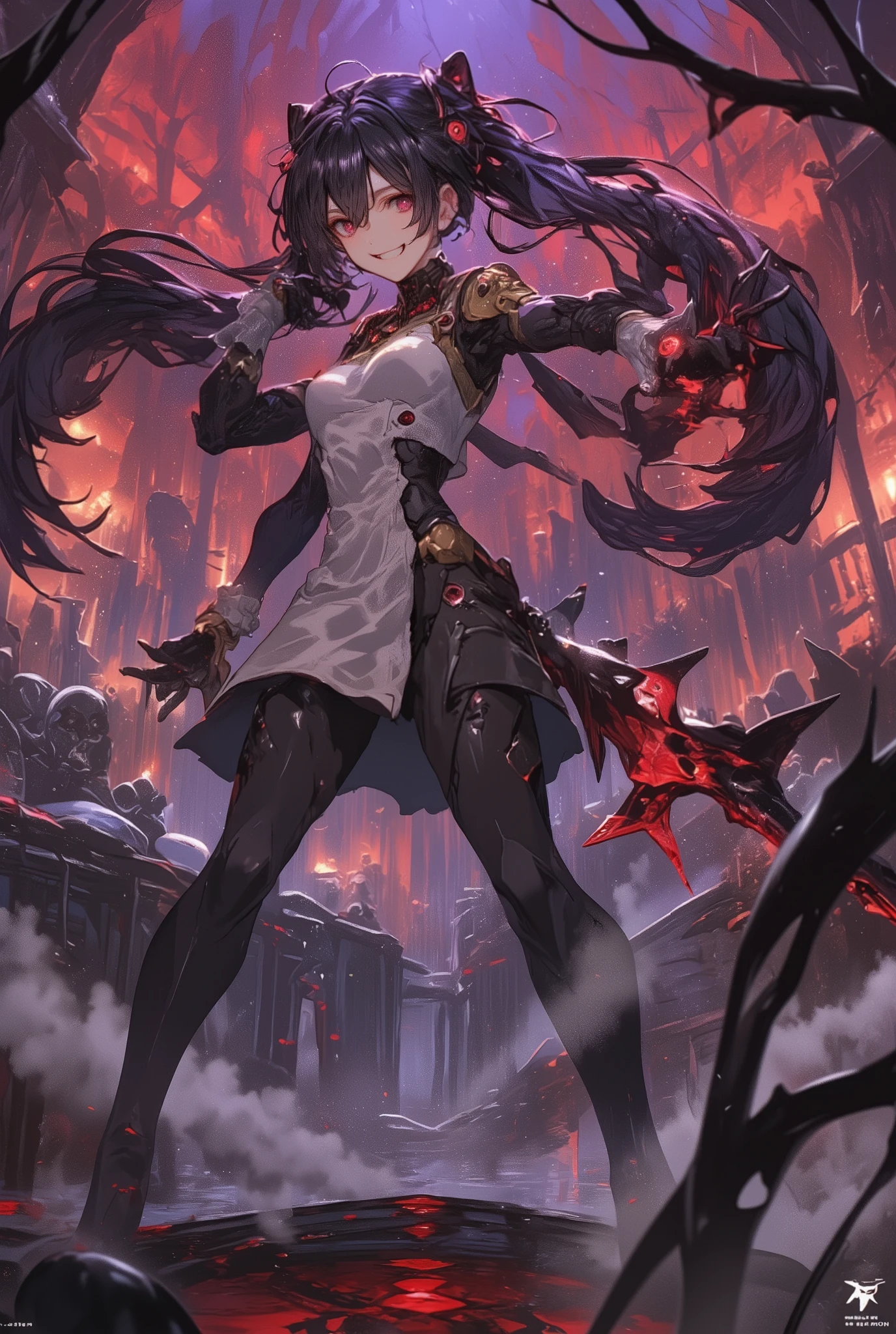( masterpiece、 Highest Quality、 Highest Quality、official art、 美しくbeautiful :1.2)、(one girl:1.3) ,、twin tails, beautiful胸,long hair,(((Highest Quality)))(((high image quality)))外見は黒いfog,Put on your armor,modern combat suit((( details))) The shape is a human figure ,Modern weapons((( details))) has red eyes ,The shape is made of a sparkling purple heart..((( details)))bone格は人間のようだ、Muscle fibers are visible.,fogのようなもので獲物を探す((( details)))Barren Land,dead tree,fog, Chaotic World ((( details))) fight scene, overwhelmingly strong ,Highest Quality。(Highest Quality,4K,high image quality,masterpiece:1.2),非常に details,realistic:1.37,masterpiece, Highest Quality, Made with Exquisite Workmanship, female, beautiful, Elegant, smile, Blood, iridescent long hair, Bangs, skirt for ears, shirt, long sleeve, frills, shoes, (Red and Black:1.4), flower, creepy, horror, 頭蓋bones, long hair, black hair, Candles, Blood, hair flower, Dead, hair accessory, bone, doll, 頭蓋bone, skeleton, horror (theme),creepy altar background,dark fantasy, Red Scheme , Ominous Atmosphere , Eye Catching ,story, Anatomy , anime style,Fantasy Clothes,beautiful細部までこだわった顔と (((Red Eyes ))),A terrifying ritual ,Satan's Ritual ,Premature death,misconduct,クレイジーなsmile,Scythe Face, Woman Monster , beautiful, 繊細な顔の特徴, Smoothie, sharp fangs, pale skin, blonde,robot,Cursed Painting, dark background, cinema lighting, dramatic shadow , gothic, gloomy vibe , dark fantasy, one girl, , open it wide while facing the front, Open Your Mouth and Bare Your Teeth , Sharp teeth like a beast , Wide lips, extra large mouth, red cheeks, ,(Bloodしぶき:1.4),Scary smile, smile,Fallen angel design, ねじれたsmile、Bloodまみれの、頭からの出Blood,、Bloodしぶき、,(Bloodしぶき:1.4),Crossbones, 頭蓋bone, horrorスタイル, (( fantasy fallen angel costume)), ((流れるようなblack hair)), ,(Bloodしぶき:1.4),femaleの曲線, Sexy flat stomach, perfect hand, perfect anime face, (( White Tadores )), standing, ((邪悪なsmile)), ,(Bloodしぶき:1.4), Steam circulation, Illuminated by Moonlight, Night Lighting, disaster々New Devil Horns,,(Bloodしぶき:1.6),アニメFallen angel design, ねじれたsmile、Bloodまみれの、頭からの出Blood,、Bloodしぶき、,(Bloodしぶき:1.4),Crossbones, 頭蓋bone, gothic Architecture 、Western architecture、fantasy world、,Victorian city, 骸boneのガス灯,