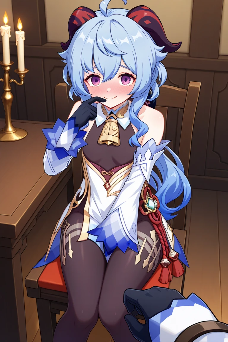 (photoPractical:1.4), (masterpiece, Side Light, Delicate and beautiful eyes: 1.2), masterpiece*portrait, Practical, 3d face, 
employment \(Genshin Impact\), 1 Girl, Ahog, architecture, Bangs, Bare shoulders, bell, black Gloves, Black pantyhose, (Blue Hair), blush, breast, Chinese knot, Separate sleeves, Rosette, Gloves, trumpet, Long hair, Looking at the audience, medium breast, neck bell
