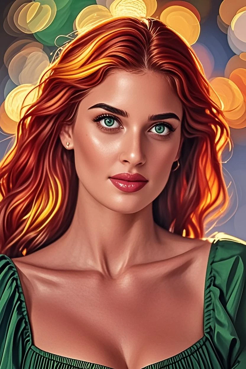 (((full medium shot))), (Masterpiece, photorealistic, photorealism, best quality, ultra-detailed: 1.3), (beautiful hands, perfect hands), beautiful thighs, official art, cinematic light, (1 girl: 1,3), adult, young lady, long curved red hair, oil and watercolor painting, (sketch: 1,1), limited palette, bright green eyes, fleshy red mouth, red hair with light highlights, skin bright, empty eyes, (lips: 0.4), (watercolor: 0.8), (ink splatters: 1.2), (flesh griffiths: 1.2), red flower background, masterpiece, cinematic shadows, deep shadows, details intricate, award-winning, beautifully lit, cinematic lighting, ray tracing, dynamic angle, dynamic pose, full body shot, vibrant, beautiful, painterly, detailed, textural, artistic, sharp focus, very inspiring, innocent, elegant, impressive, rich , elite, epic, professional, surreal, extremely complex, highly colorful, color balanced background