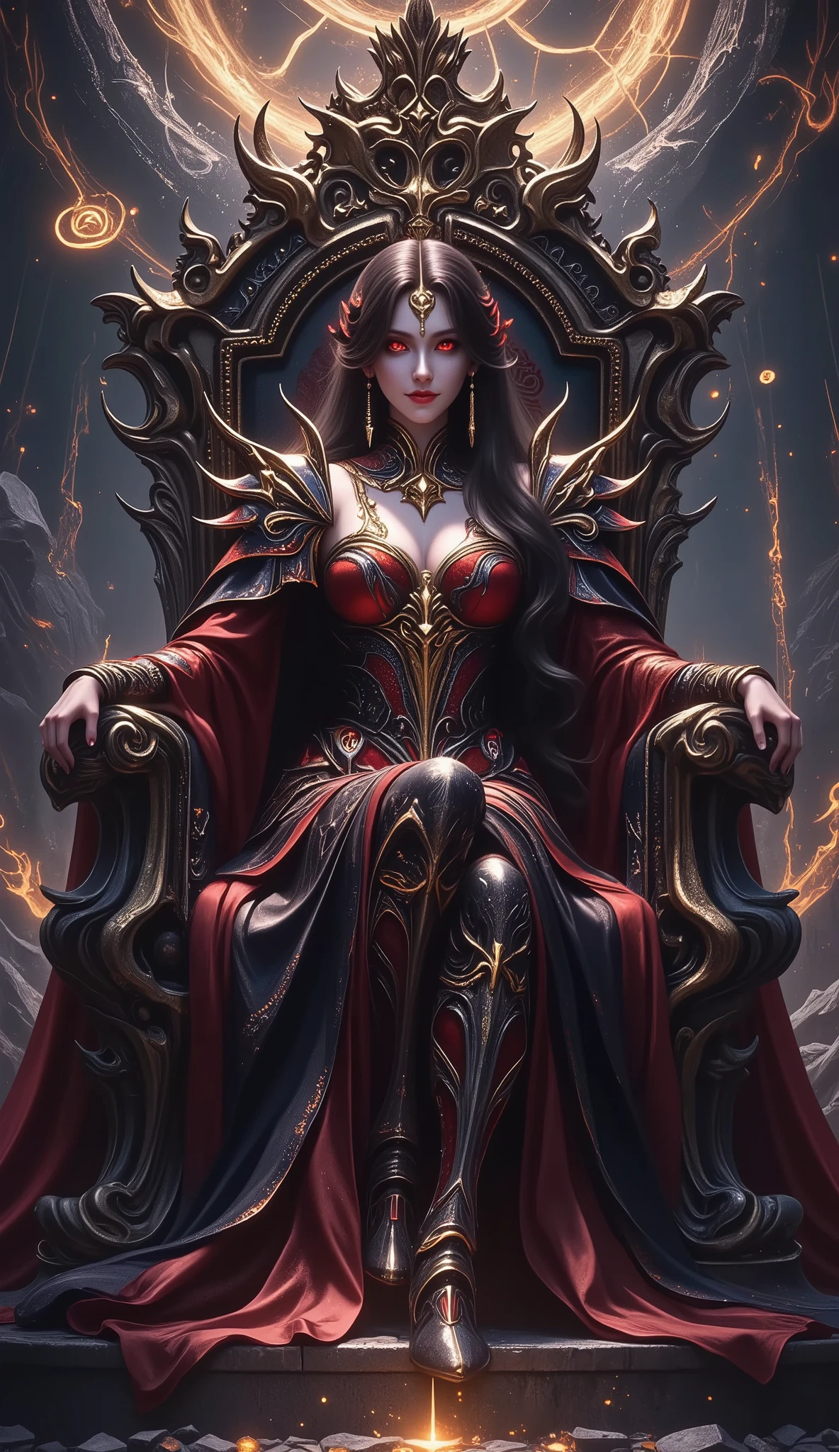 regal female final boss, sitting on a dark throne, powerful and intimidating aura, extravagant armored gown with gothic and gold details, glowing crimson eyes, commanding smirk, long flowing hair, surrounded by swirling dark energy and flames, ornate throne of obsidian and bone, epic fantasy lighting, cinematic shadows, divine yet fearsome presence, dramatic background with shattered realm, glowing sigils in the air, dark queen of chaos, high fantasy concept art, detailed and intricate design, moody and awe-inspiring atmosphere, from below