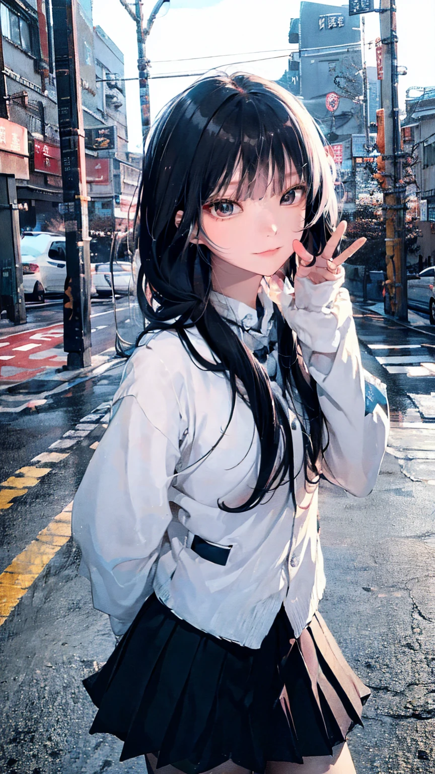 masterpiece, hinata\(boruto\), 1girl, solo, young female, ((((high school uniform)))), (high School), outdoors, looking at viewer, cloudy sky, perfect composition, detailed lips, school building, big breast, beautiful face, body propotion, blush, (pink lips), ((long hair)), purple eyes, soft gaze, sad smile, super realistic, detailed, photoshoot, realistic face and body, realistic hair, realistic eyes, realistic nose, realistic lips, (((dark blue hair))), 25 years old girl, flowing skirt