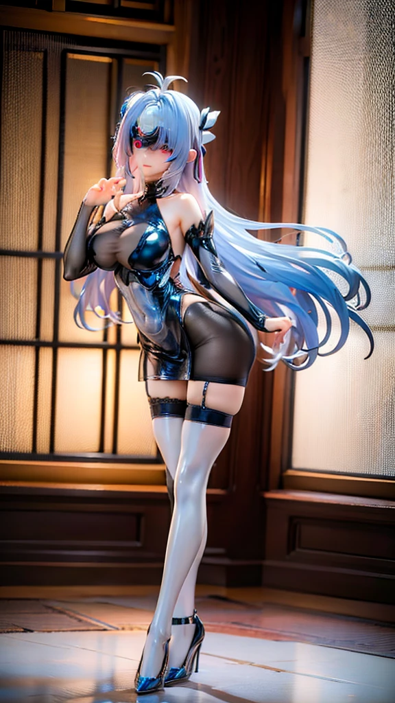Purple colored hair,big breasts exposed cleavage,fishnet stockings,open waist,Harnes,strappy,Mesh socks,open waist,Showing the belly,Bow heels,platform high heels,platform high heels,Bow knot,fishnet stockings,Hollow-out on,Black silk stockings,Small swimming trunks