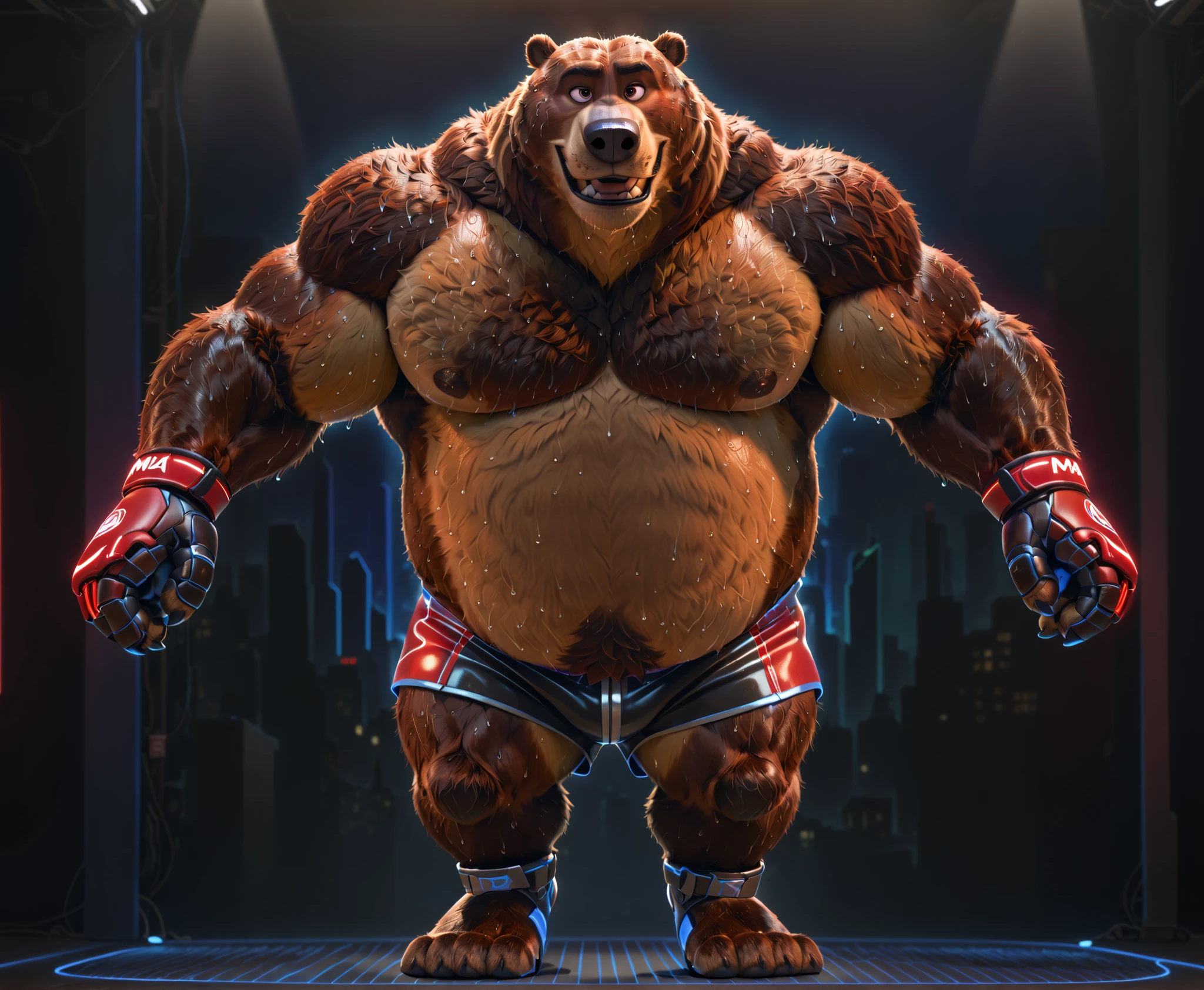 furry, fur taur, beartaur, human-like, anthro, middle-age, solo,1man, detailed face, bear ears, bear eyes(brown), bear nose(black), bear mouth, beard(grey), hair, mature hair(grey), detailed arm, thick arm, forearm hair, muscular, thick hands(5 fingers), thick claws, detailed body belly, thick body, muscle belly(white), thick chest, chest hair(white), nipples, detailed taur body, thick taur body, waist hair, thick bear paws, bear paws hair, thick bear claws, thick bear tail, full body shot, standing in the game Venue