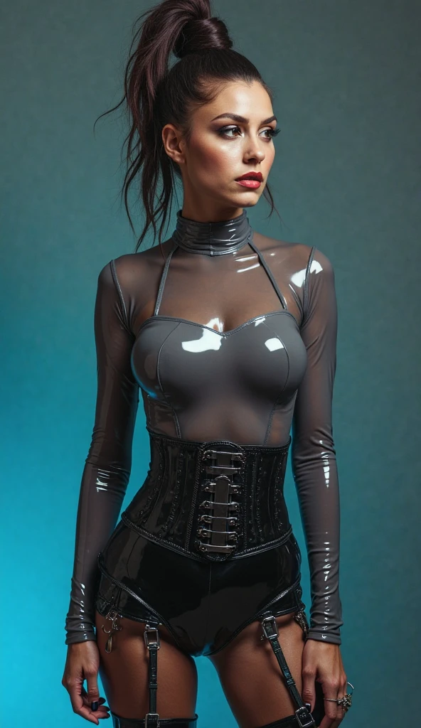 Top Quality, Masterpiece, High Resolution, 8k, (((skinny girl in oversized see-through shirt with bare back and hot pants, wide neckline, small perky breasts, beautiful detailed eyes, no lipstick, extremely detailed face, pixie asymmetrical hair cut, small hips, in a dungeon, dim light from one side, behind back)))