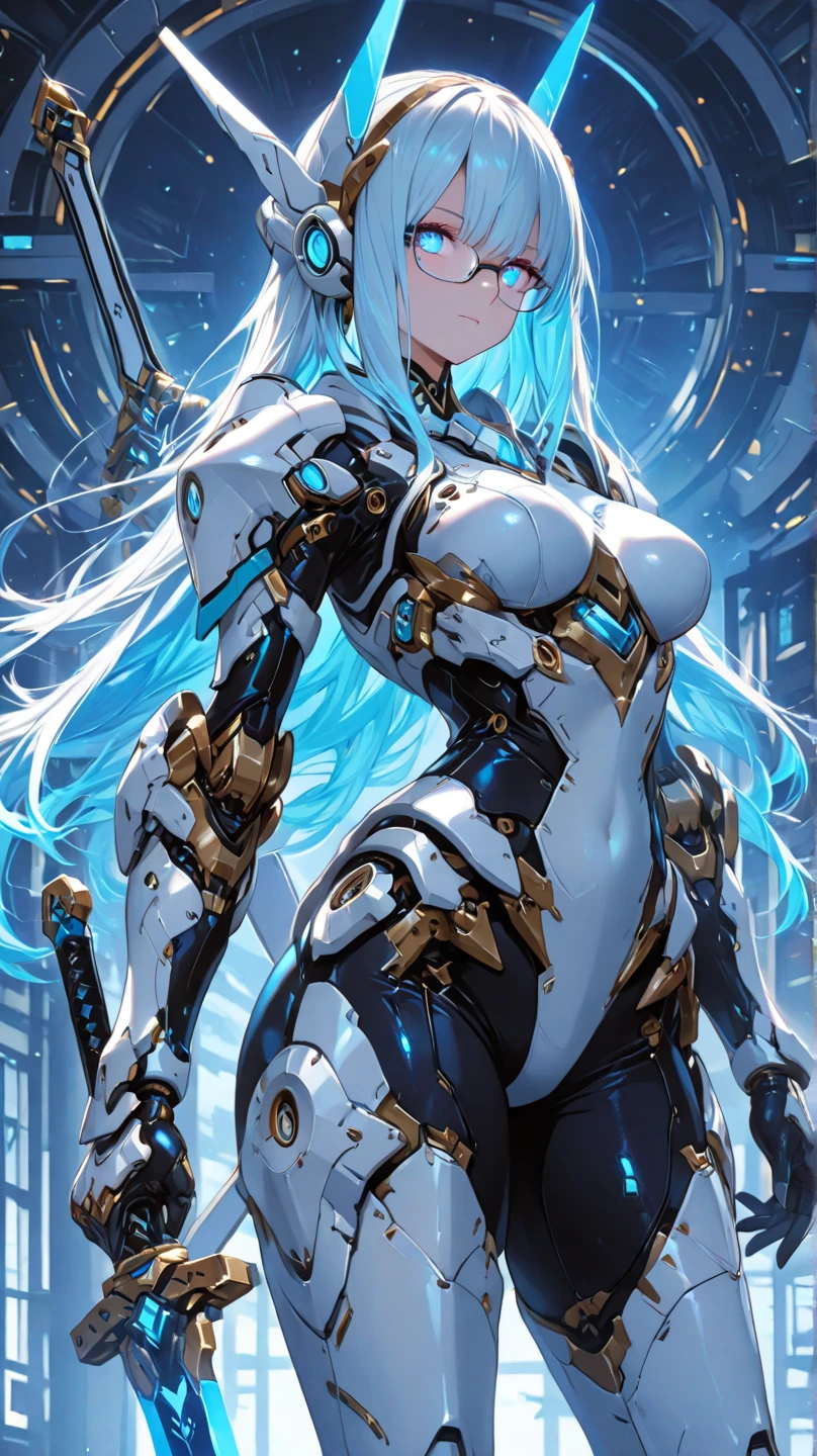 (masterpiece), (best quality:1.4), (perfect anatomy:1.4), high quality, expressive eyes, full body, tall girl, detailed face, beautiful face, perfect face, breasts, cleavage, gloves, A photograph of mid-twenties Japanese female android made of shiny white and silver translucent glass and plastic, geisha makeup and hairstyle, silver metal internal body mechanisms, dynamic pose, flowing organic construction, glowing golden circuitry, colorful neon trim, glowing circuitry, neon trim, depth of field focus f/2.8, art by H.R. Giger, Greg Rutowski, bodysuit, thick thighs, toned, emblem, superhero, dynamic lighting, 4k resolution, dynamic pose, weapon, energy weapon, cover, mecha musume, fortified suit, mechanical parts, headgear, robot joints, bodysuit, deva battle suit, gloves,