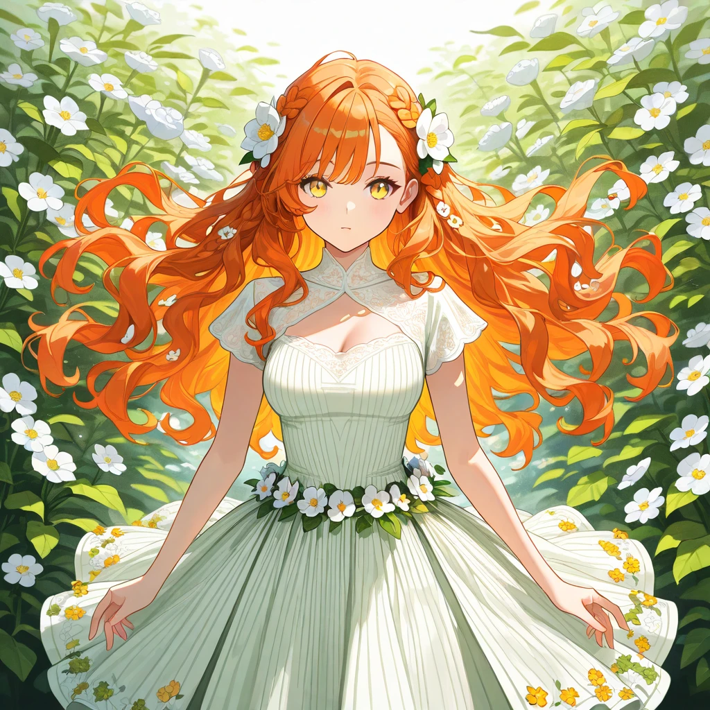 character, anime girl, white with freckles on the body. green eyes. redhead, groomed hair. Pasted date dress with brown and cream colors, degraded. Brilliants. whole body. small image.