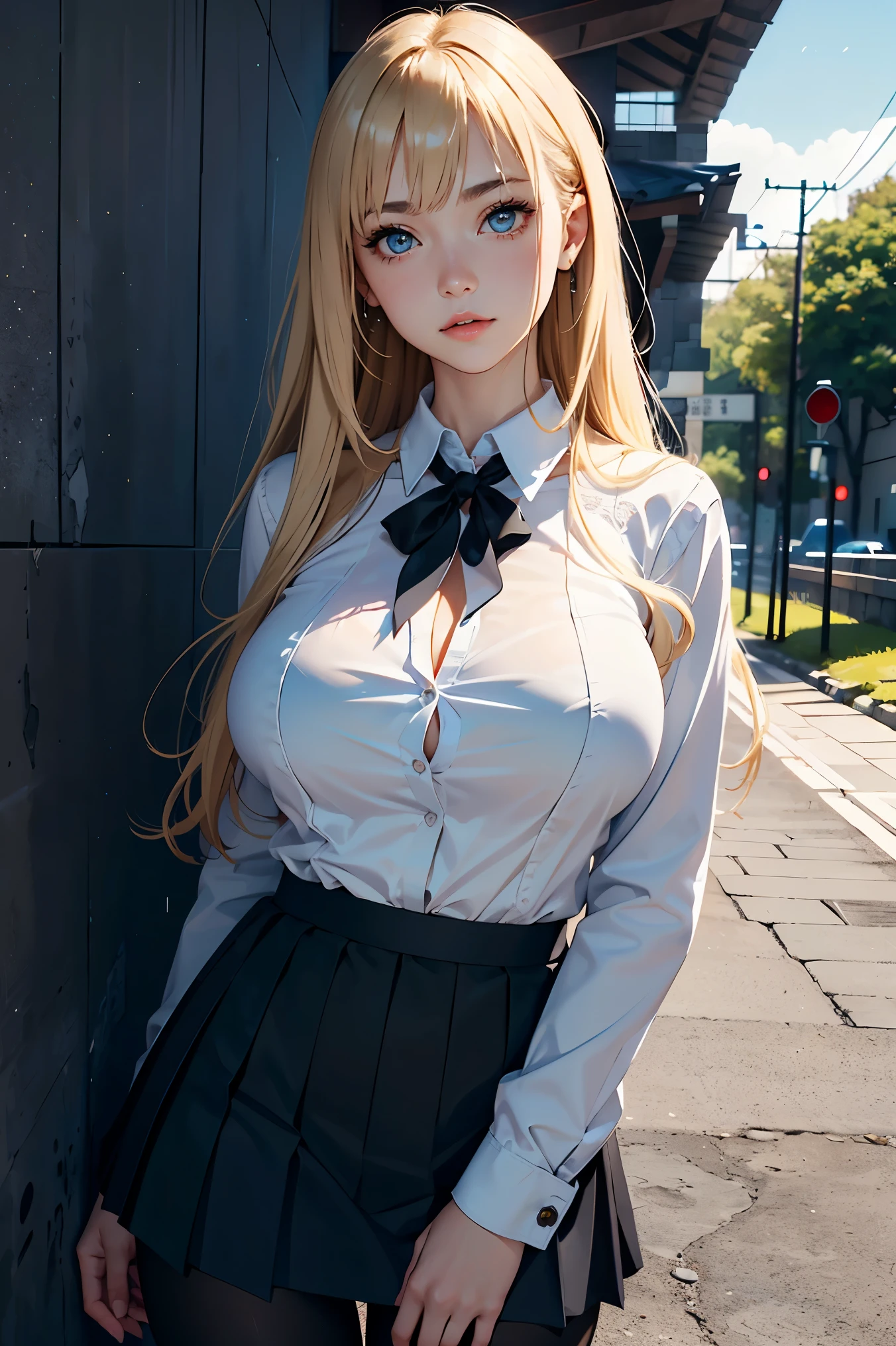 official art, masterpiece, sharp focus, (beautiful gorgeous cute Korean woman:1.3), (beautiful cute korean:1.3), korean beauty, Delicate and beautiful hair and eyes and face, realistic, ultra detailed, beautiful girl, blue sky, glow white particle, (sidelighting:1.2), slender, Lovely, very huge breasts and wide hips, massive breasts, pink blush on breasts, holding breasts, panty under skirt, up skirt, uplifting skirt, ((shy and aroused)), looking at viewer, scenery, long straight hair, sexy facial expression, sitting on bench, one leg up, dynamic hair, long straight hair, detailed platinum blond hair, glow blue eyes, (grey pleated skirt+transparent unbuttoned shirt), pale skin, at school