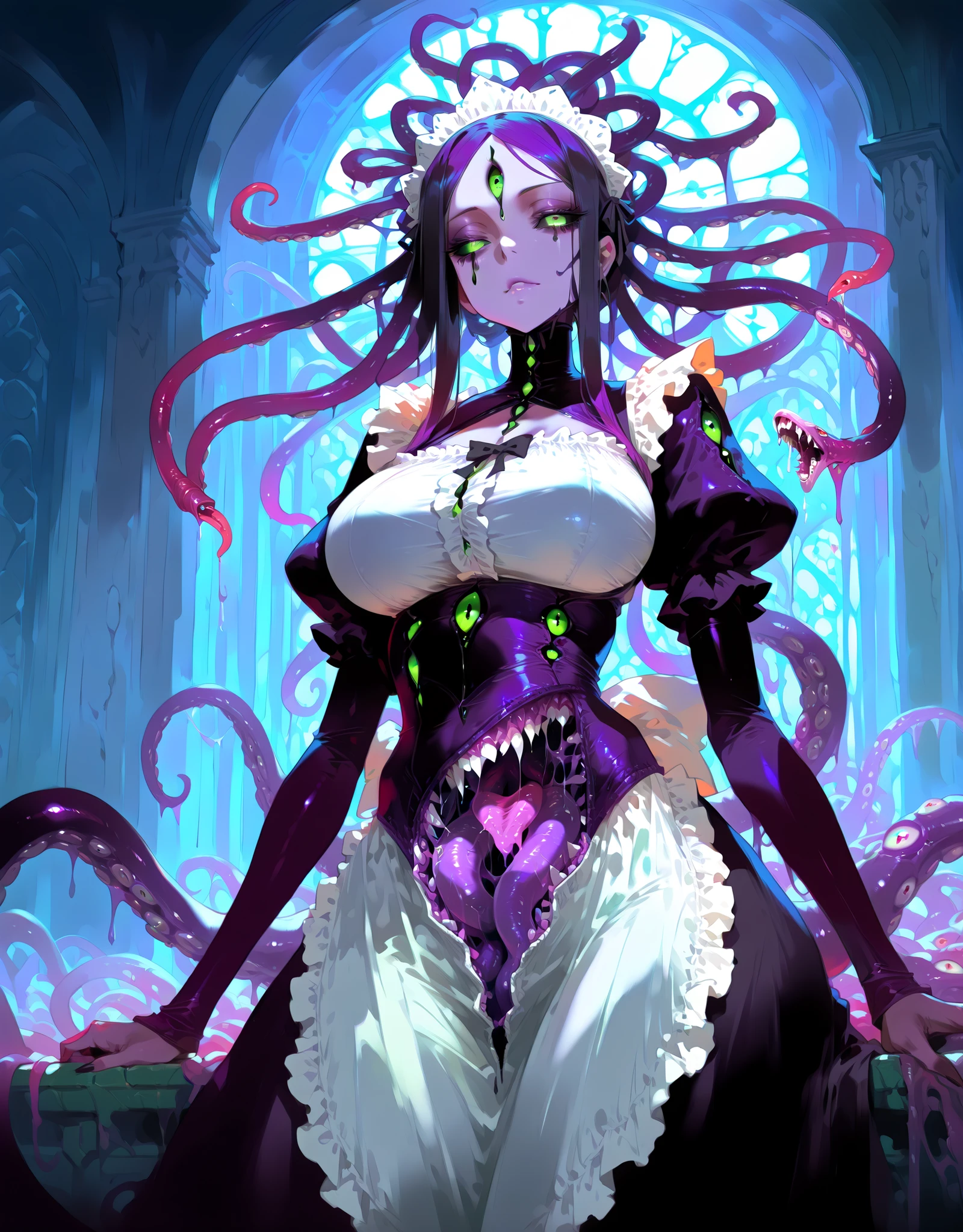 ((NSFW, , best quality, amazing quality, very aesthetic, extremely detailed, intricate details, minute details, detailed background, dramatic cinematic lighting:1.4,incredibly_absurdres, hard light:1.4, masterpiece 8k, vivid colors, rich palette, score_9, score_8_up, score_7_up), ice cavern, moonlight, eldritch, monster girl, 1woman, eldritch look, grim, shoggoth woman \(solo, big breasts, multiple mouths, black sclera, green eyes, purple skin, shoggoth, ShoggothMGE, body horror, Lovecraftian, extra mouth, multi eyes, tentacles hair, maid, maid headdress