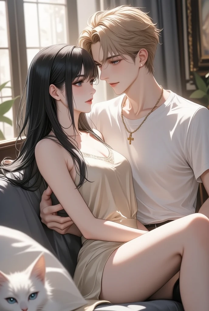 masterpiece, High Quality, super detailed, beautiful images, clear image, realistic, RAW photo, perfect face, perfect body, perfect lines, perfect eyes, soft lighting)  Illustration, Beautiful detailed eyes, close up, There is a ((woman and a man adult married)) on the bed, she is sitting on his lap. The woman has long and wavy brown hair, green eyes, freckles, has a feminine and curvy body, white skin (()) and her body naked, and ing face, a sweet expression. The man has a ((slender body, blue eyes,))(( a black hair)), ((white skin)), and is wearing a black underwear masculine. ((the husband are kissing lovingly his wife on the lips)) The man with his hands holding her waist, and the woman has her hands on his chest. NSFW. Couple hot kiss、romance、couple looking at each other、couple hugging each other
