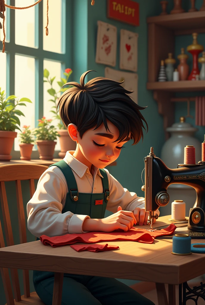 An Asian boy in a blazer sits in front of a sewing machine sewing,Black color hair。