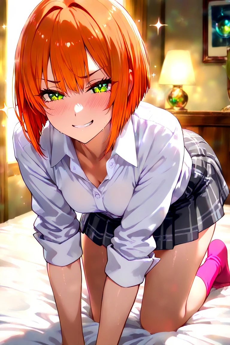 masterpiece, Highest quality, Highest quality, One girl, yotsuba, (smile), (Green ribbon), Sweater vest, Jacket, (Apartment), (kitchen), Light of the sun, (Messy)、((orgasm、aroused、ahegao))