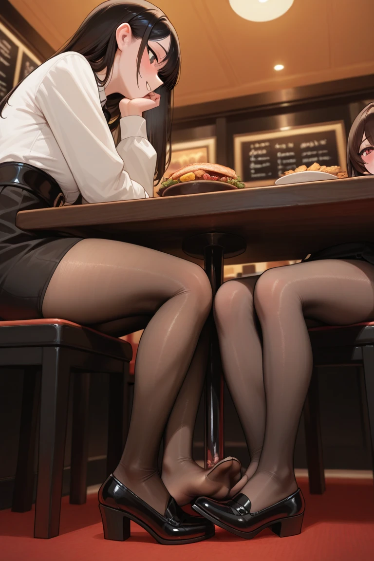 A woman in a suit with short black hair、a miniskirt、high-heels、black attache case、Beautiful fingertips、beauty legs、red blush、Ecstatic look、Camel hoof、Black stockings、pussy juice,pussy,vagina,Inside a McDonald's store