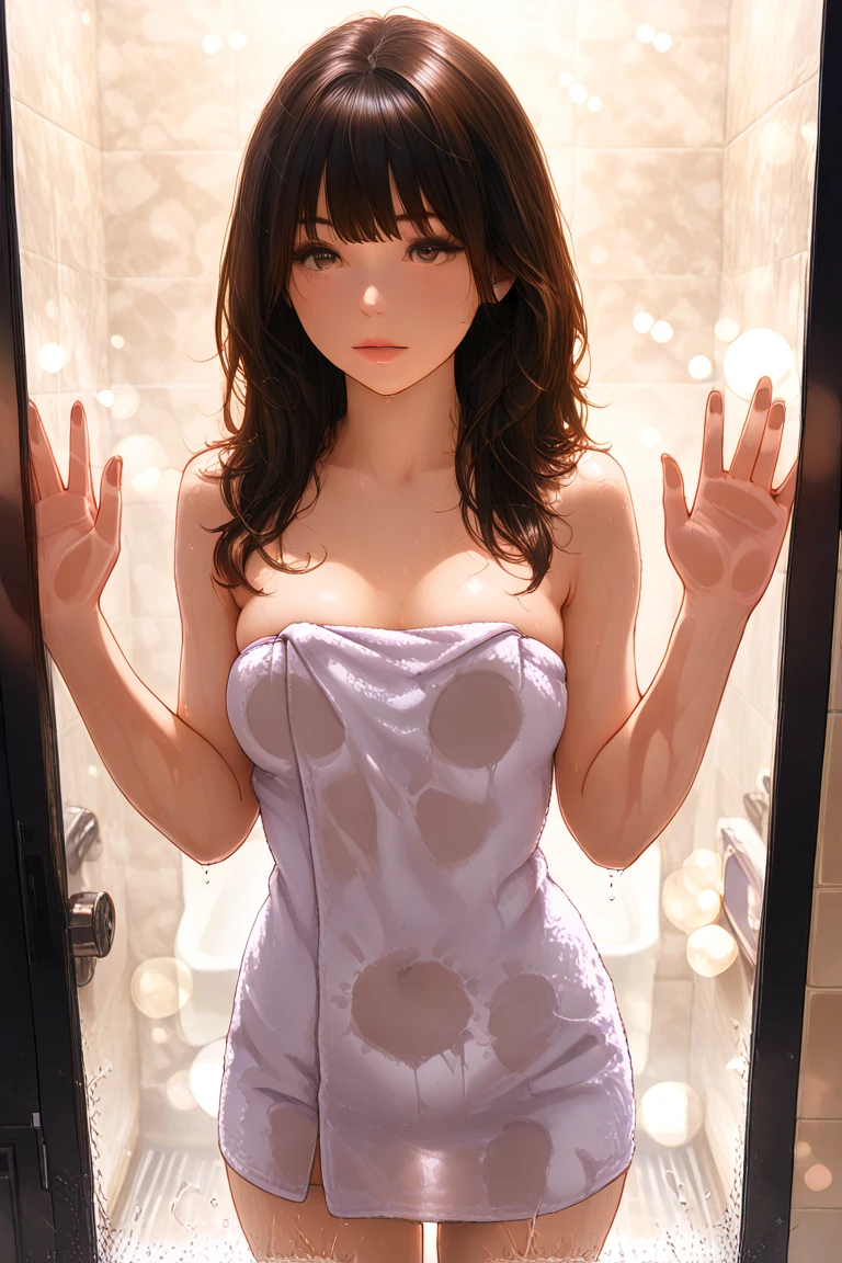 Woman undressed and rubbing her chest、30-year-old woman with brown hair in short ponytail wearing tank top、Arms crossed behind the head、small tits、Smaller chest、Brown-eyed、Freckles on the face、bangss、realisitic、Round face、A smile、be shy、Armpits are wet with white liquid、Yogurt in the armpit、The upper part of the body、Beautiful woman、Yogurt is poured into the armpits and gets dirty、Brachira、pink bra
