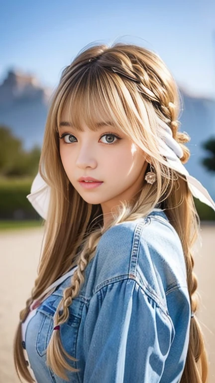 Sexy Big 、Sexy cute looks and cute 15 year old beautiful girl, beautiful and sexy face、A strong wind blows my hair in front of my face、beautiful long blonde French braided hair、beautiful, Cute and sexy eyes hidden behind long bangs