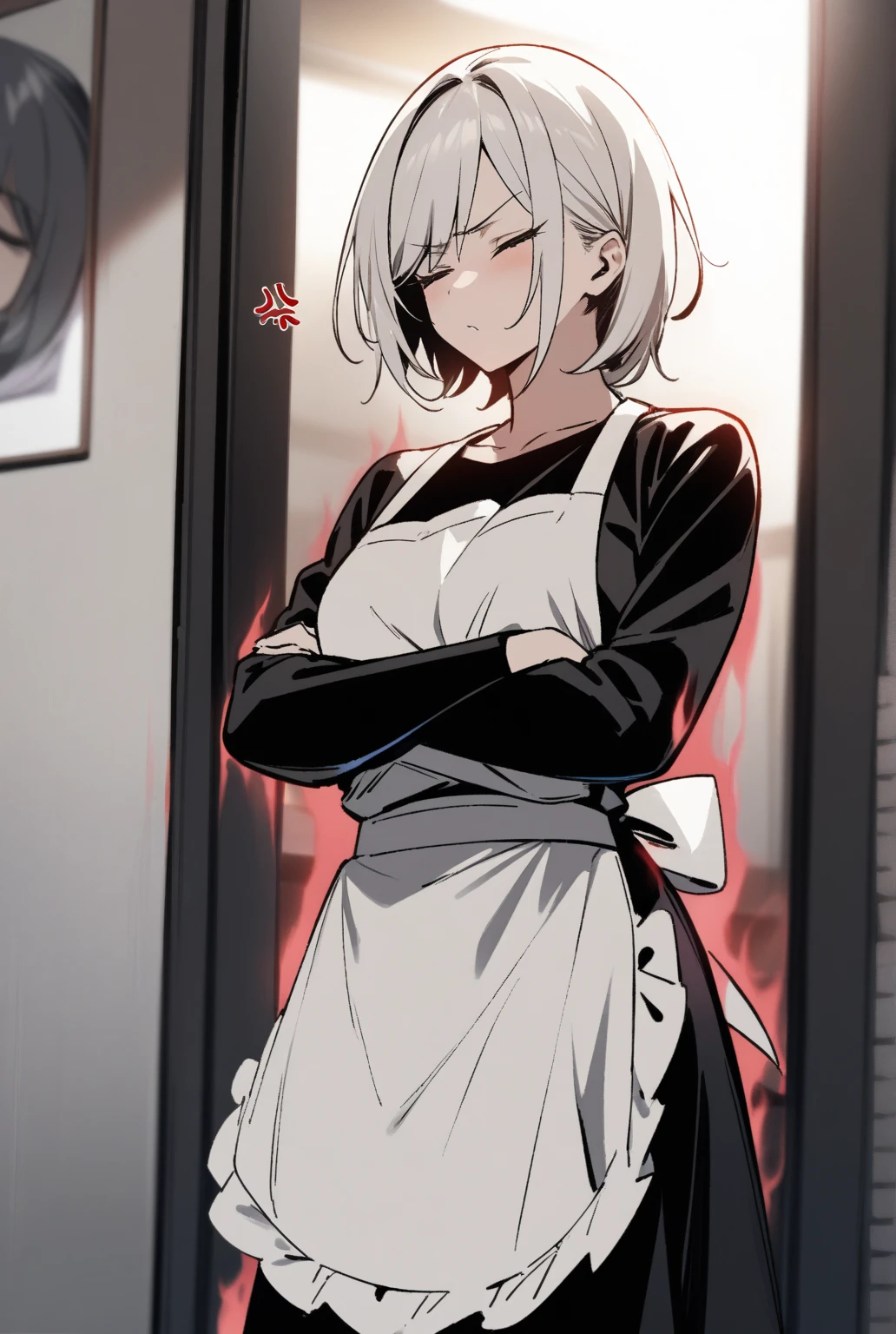 a slim, old woman teacher in a black dress, serious face, hair in her vagina, lifting her dress to expose herself to a student hiding in the classroom, manhwa style