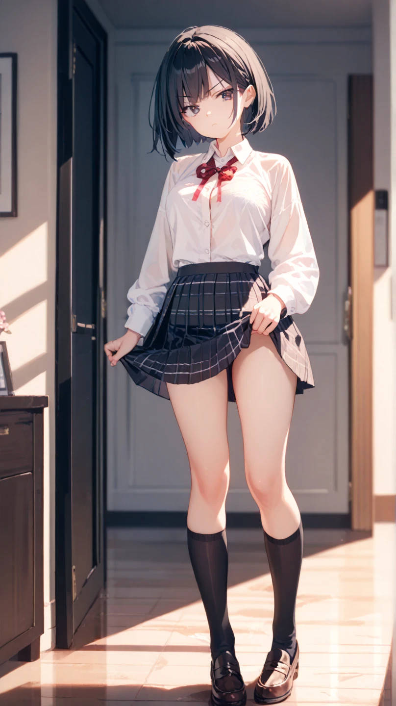 , short, 140cm, school uniform, short skirt, (((without panties))), nsfw, standing open pussyy, juicy vaginal