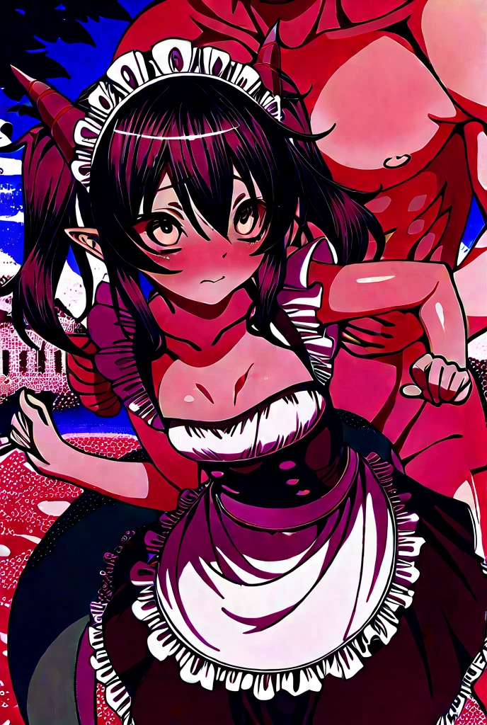 Ellen Joe. Maid. Nudity. Shark tail. Red Eyes. Black Hair. Large breasts. wet.