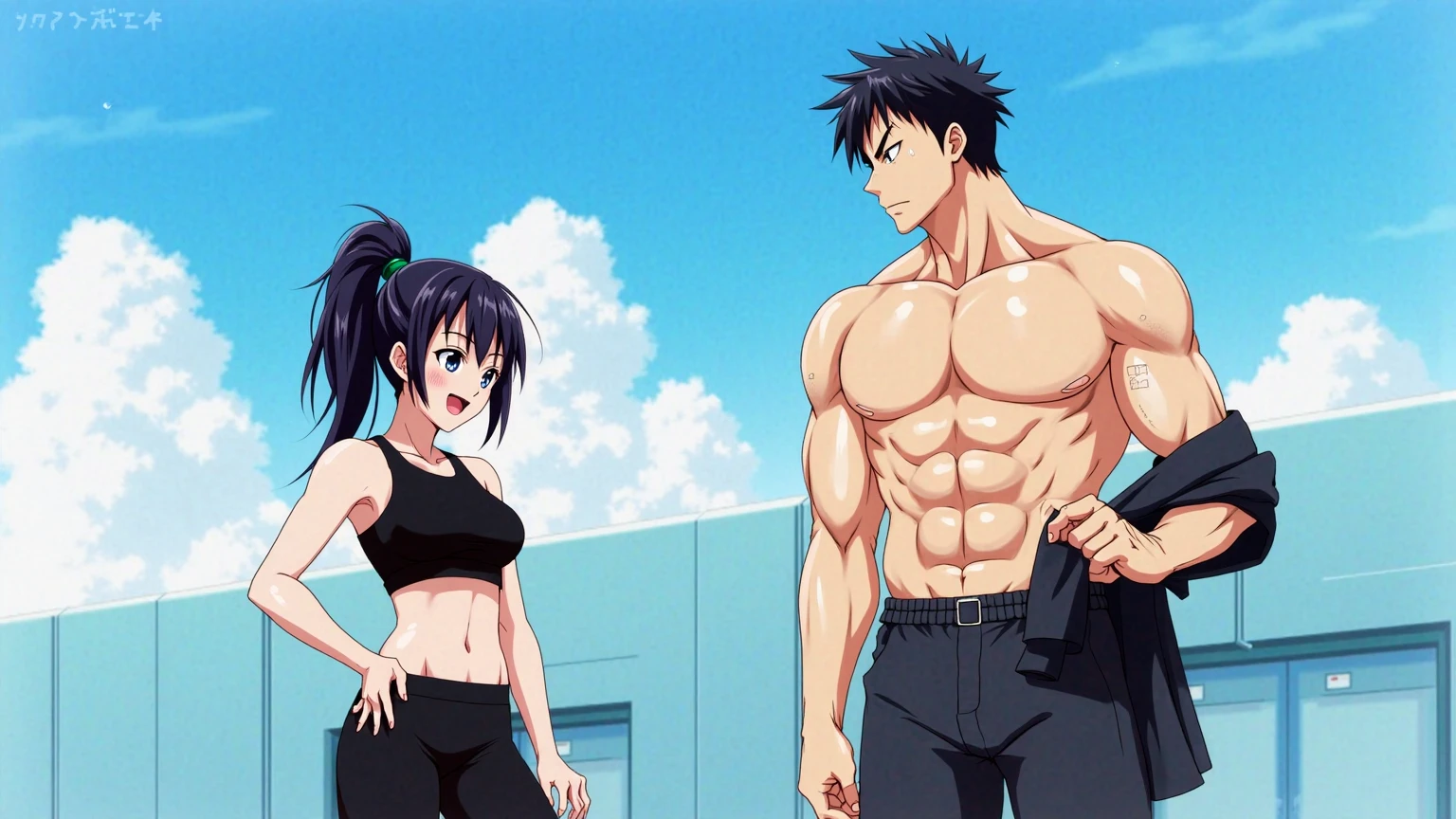a man and a woman(eye red) in a gym working out in gym clothes in a fitness gym.