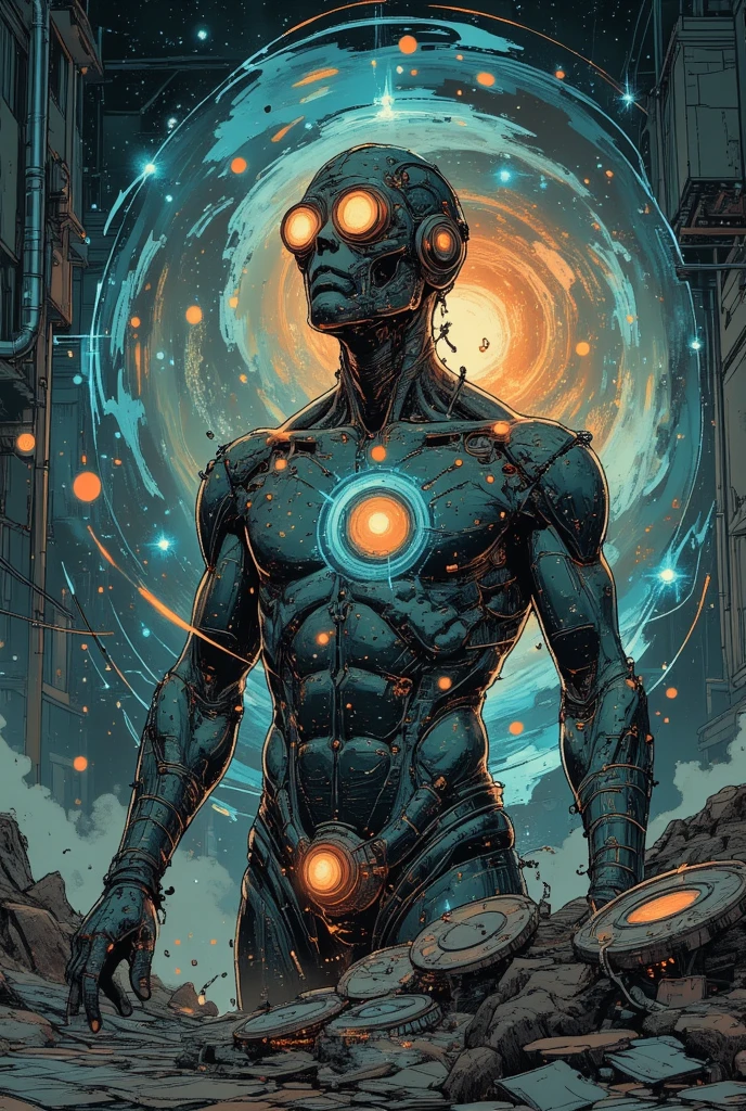 1 man,cracked skin,magic array,magic circle,necromancer,machina,headgear,futuristic,fantasy,detailed eyes,black sclera,blue eyes,glowing eyes,runes glyph