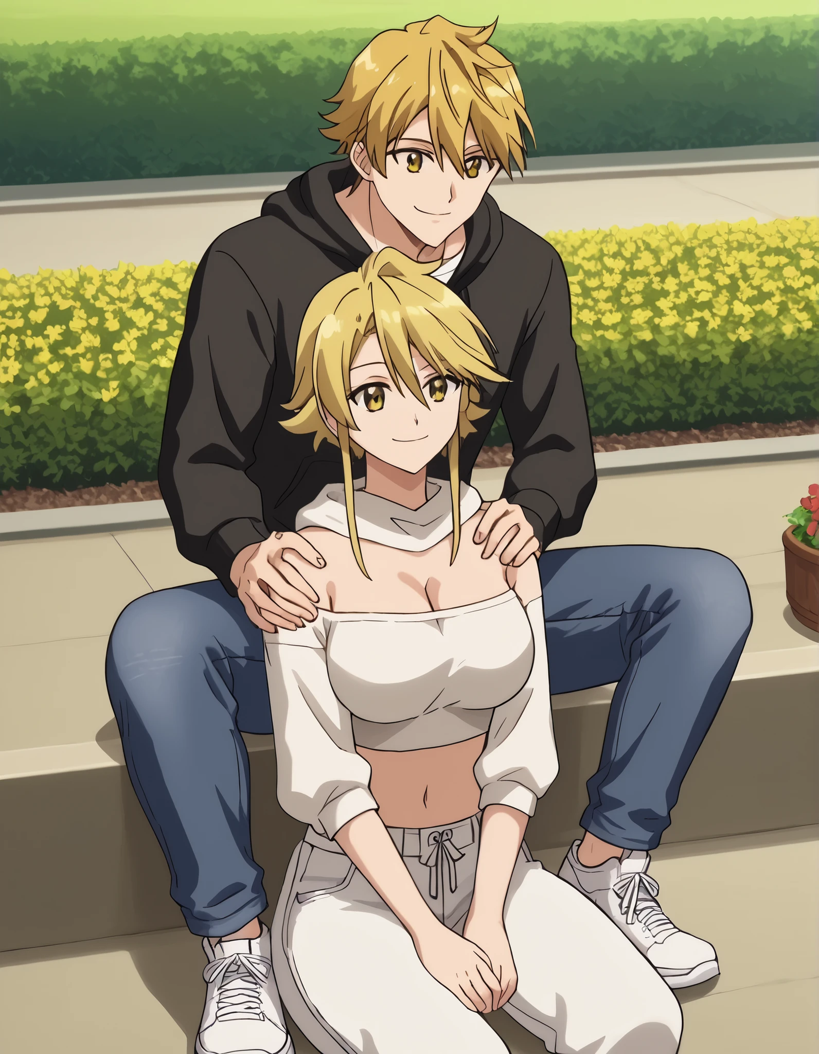 Couple male and female, anime, leone, short hair, anime screencap,big breasts, cleavage, smile, yellow eyes, wearing white crop top, jeans white sneakers, couple with arthur, arthur_pendragon_fate, blonde hair, wearing black hoodie, loose pants brown, white sneakers, couple, sit on garden, detailed face, HD quality