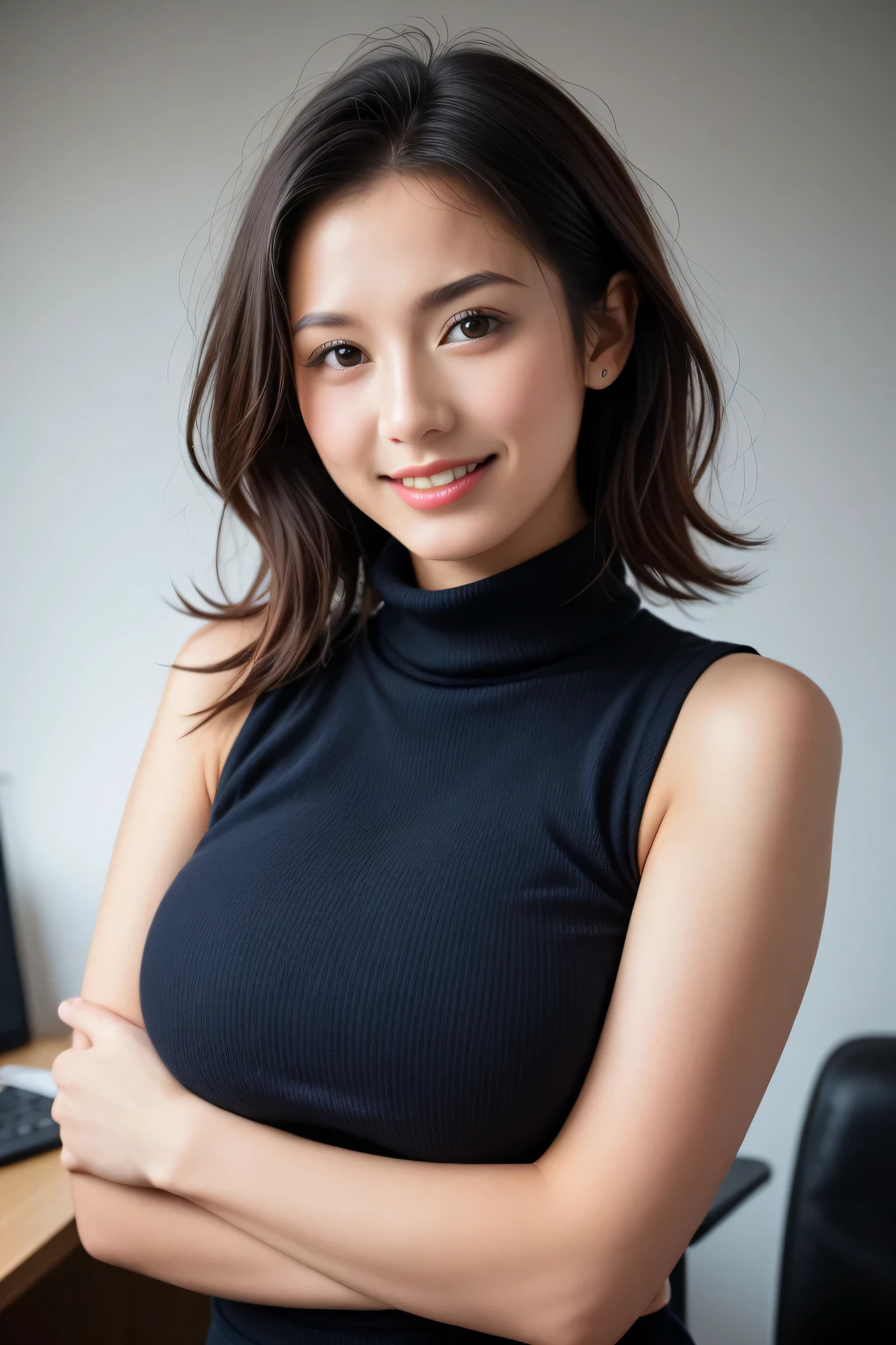 ((masterpiece, best quality, 最HDのKiによる撮影, HD , photorealistic, RAW photos , highly detailed CG integrated 8K wallpaper)), 1 girl , alone, beautiful young woman, Realistic Skin Texture , office, ((( turtleneck , , Sleeveless, 細いupper body, a slightly proud expression , upper body))), (unbelievably big breasts:10000000) , (huge breasts:10000000000) , (very big breasts:100000000000000000000000) , (big fake breasts:100000000000000000000000000000000000000000000000000000000000000000000000000000000000000000000000000000000000000000000000000000000000000000000000000000) , Big round breasts